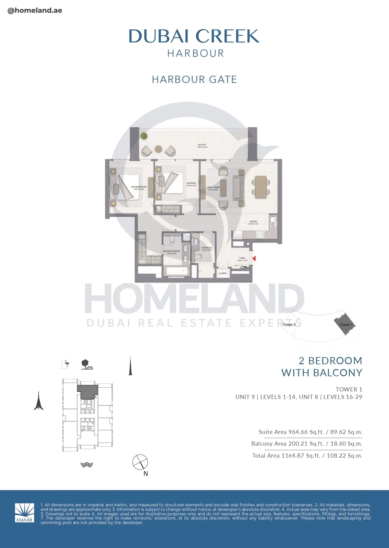 Harbour Gate, Tower 1, 2BR, Unit 9-8, Level 1 to 14-16 to 29, 1164 SQFT