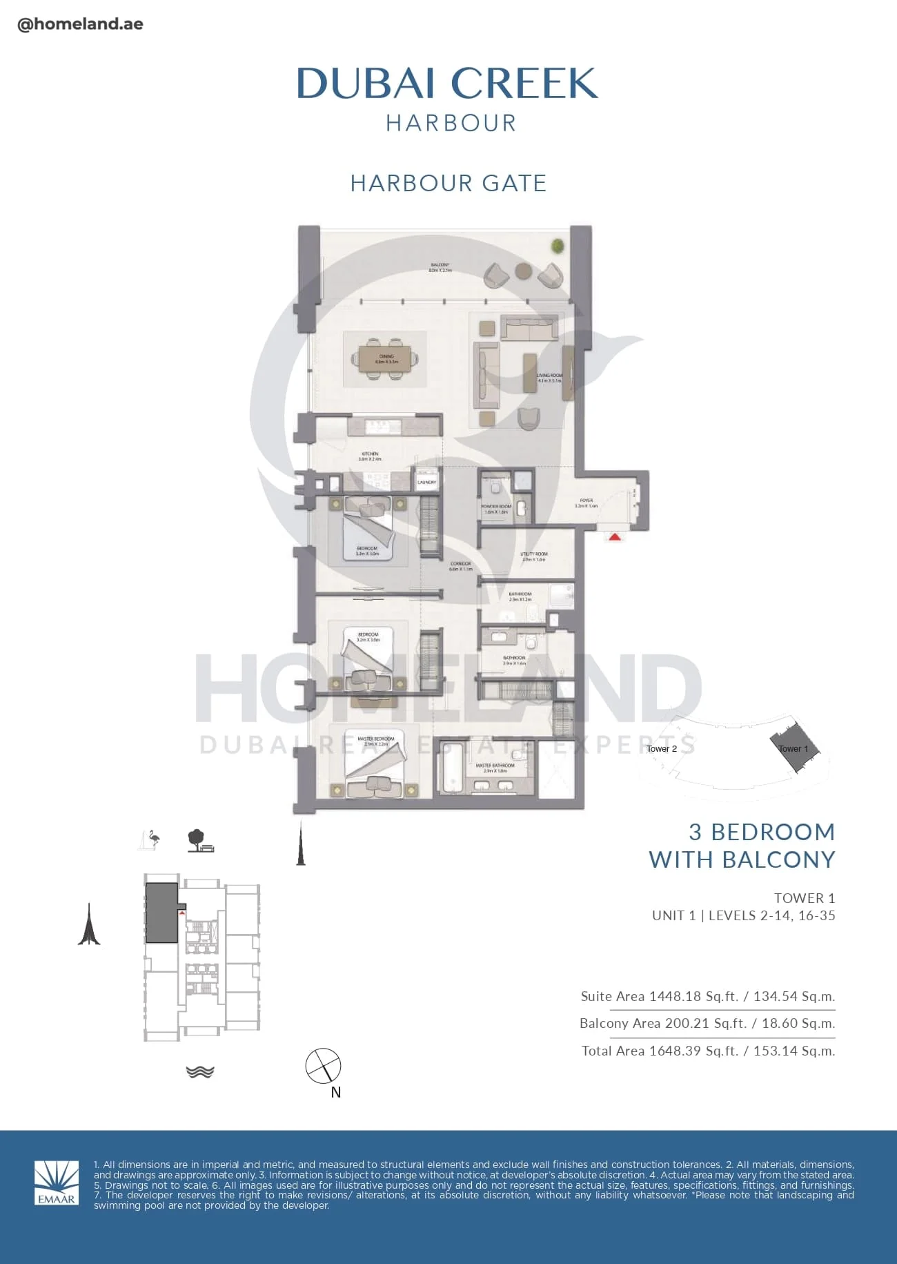 Harbour Gate, Tower 1, 3BR, Unit 1, Level 2 to 14-16 to 35, 1648 SQFT