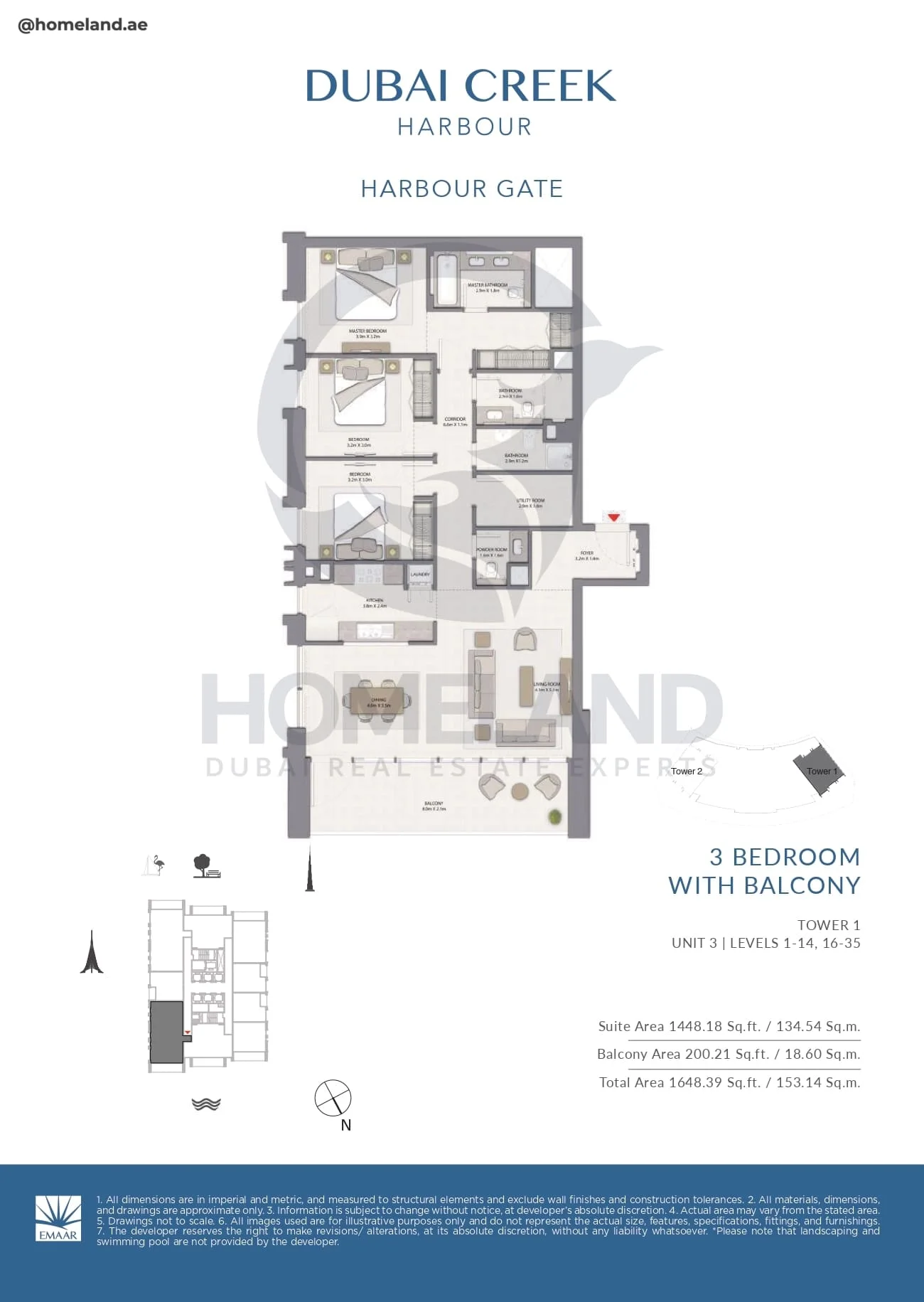Harbour Gate, Tower 1, 3BR, Unit 3, Level 1 to 14-16 to 35, 1648 SQFT