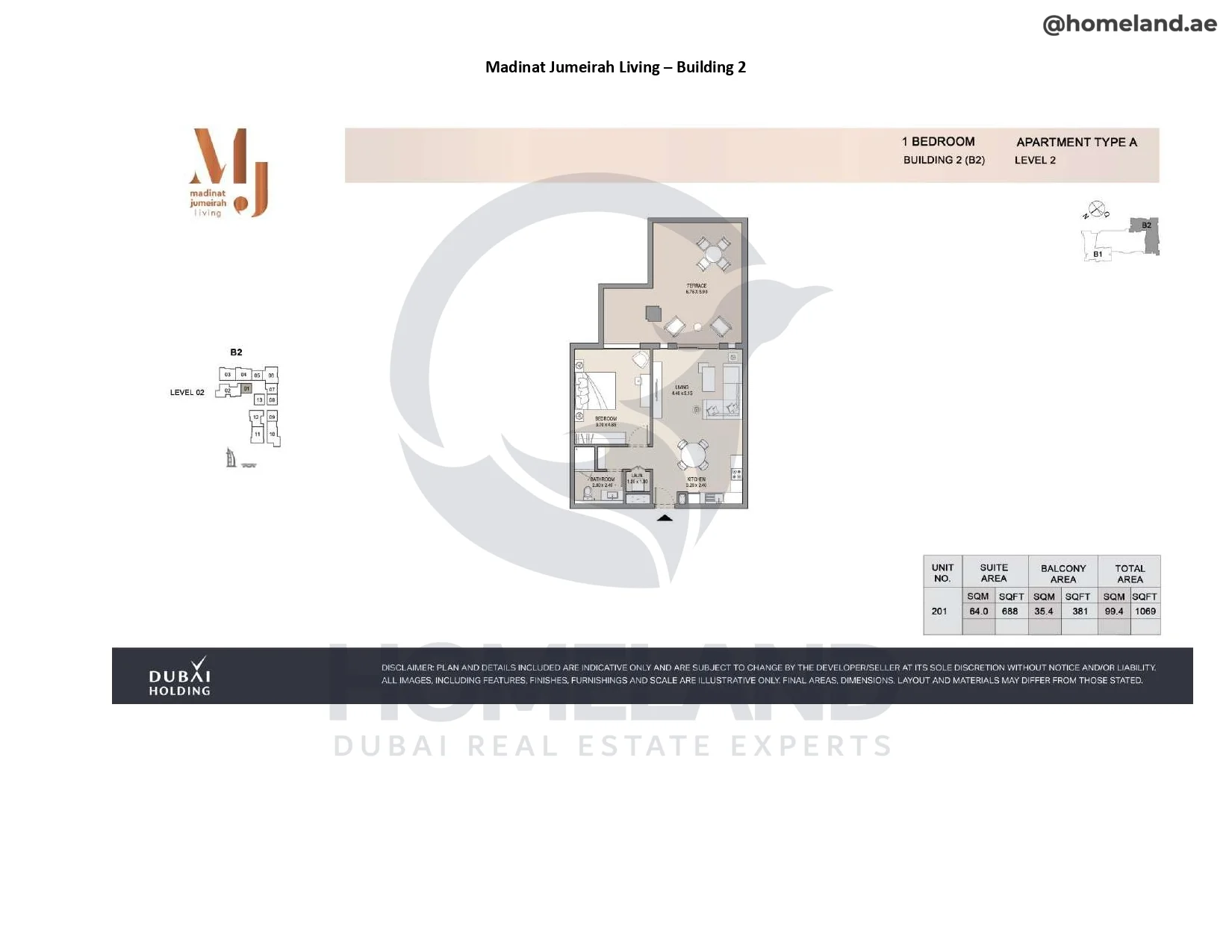 Madinat Jumeirah Living Building 2, 1BR, Type A, Level 2, Unit 201, 1069 SQFT.webp