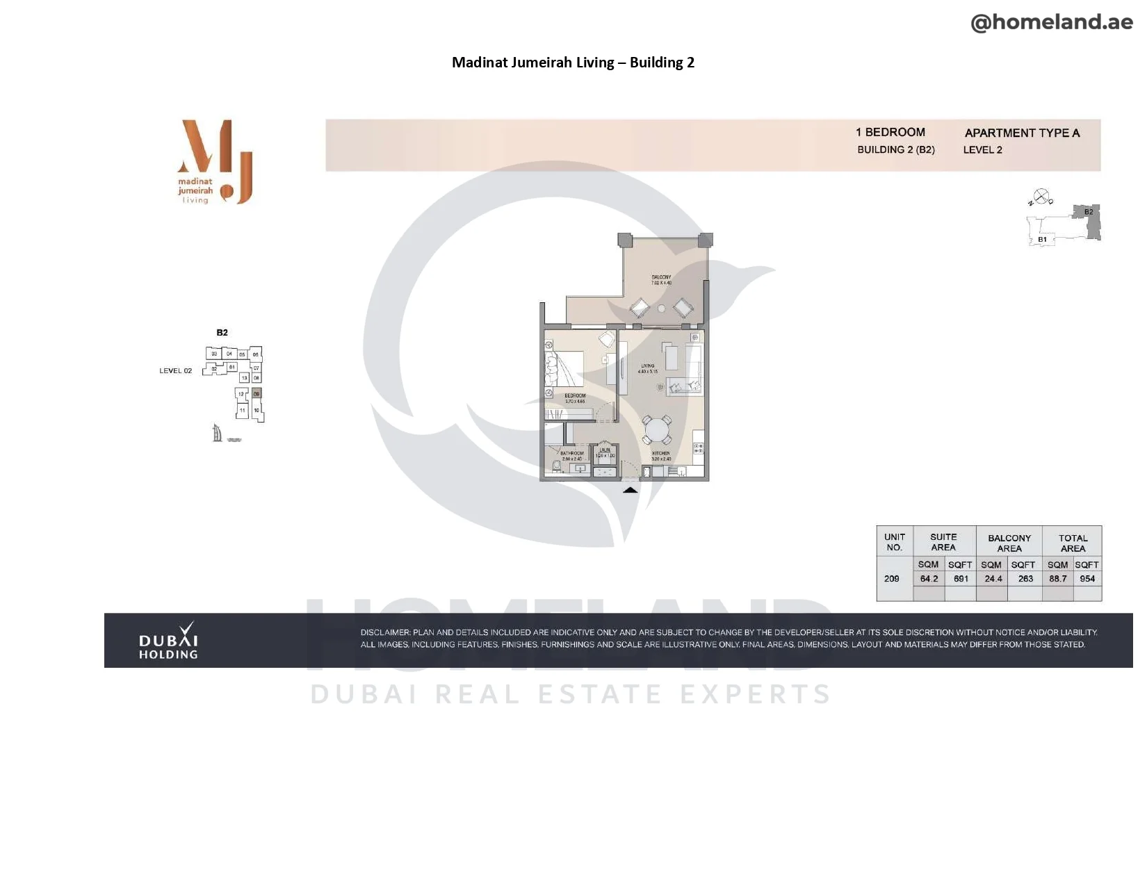 Madinat Jumeirah Living Building 2, 1BR, Type A, Level 2, Unit 209, 954 SQFT