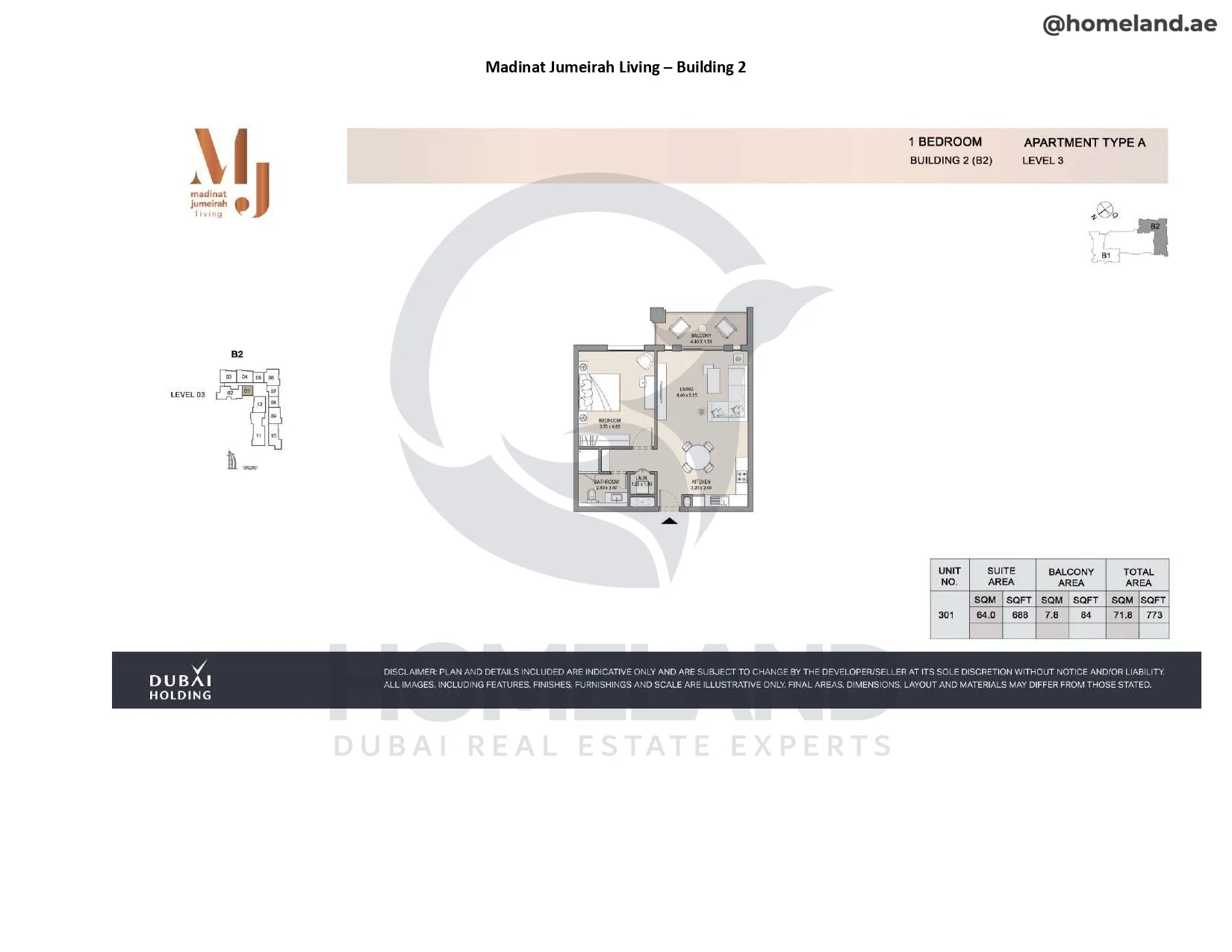 Madinat Jumeirah Living Building 2, 1BR, Type A, Level 3, Unit 301, 773 SQFT
