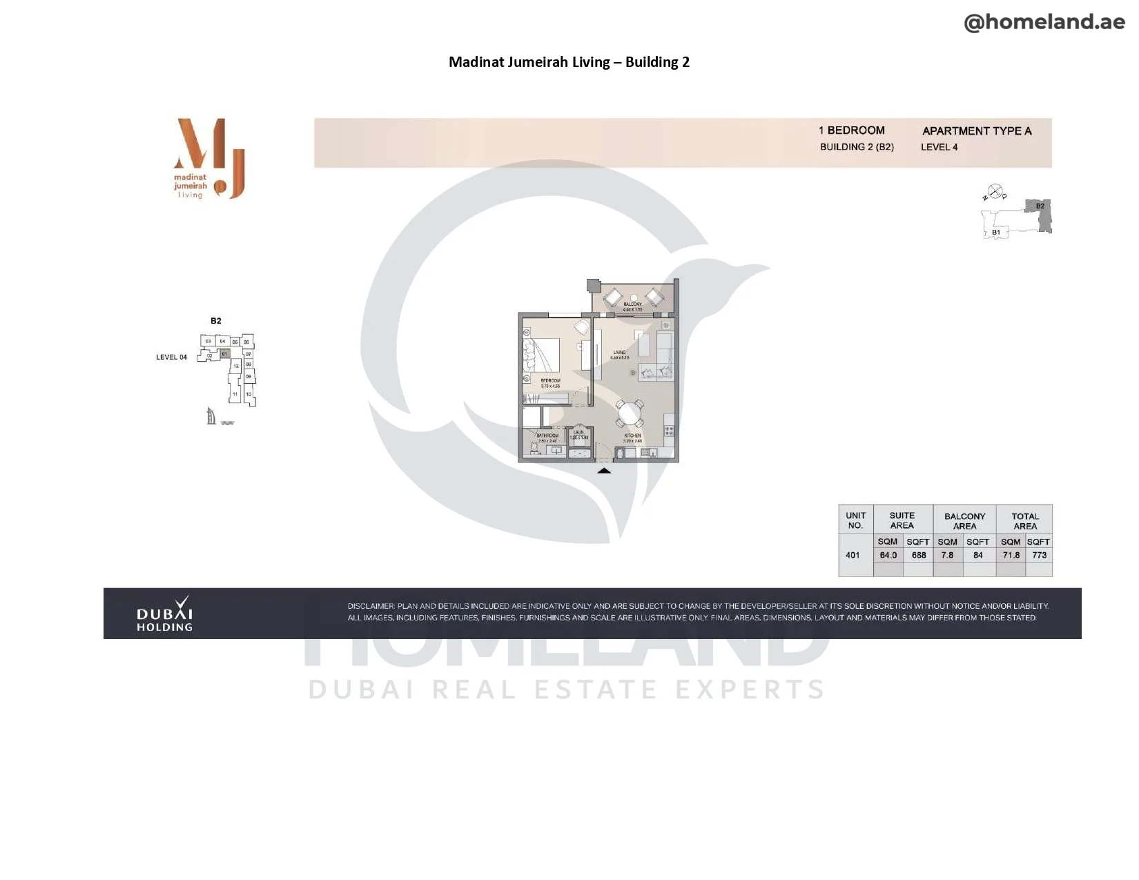 Madinat Jumeirah Living Building 2, 1BR, Type A, Level 4, Unit 401, 773 SQFT