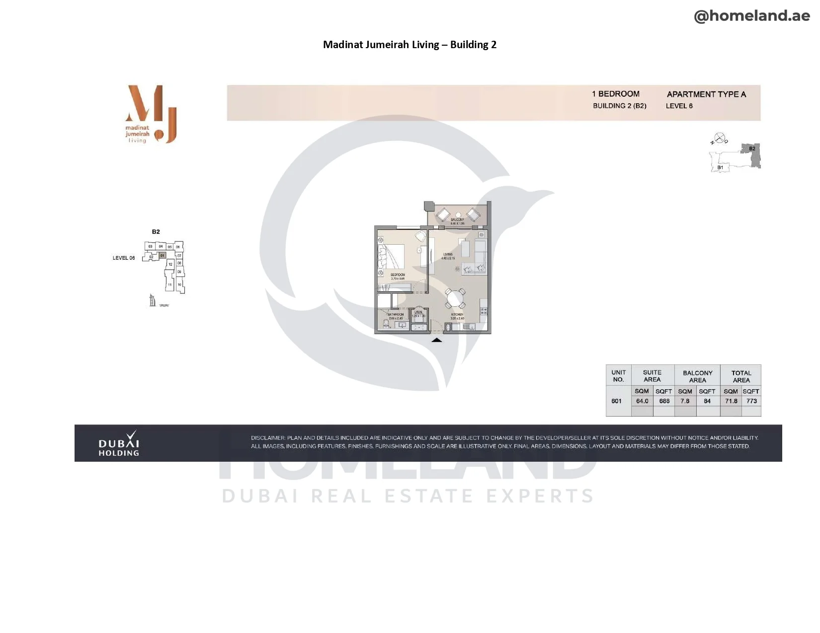 Madinat Jumeirah Living Building 2, 1BR, Type A, Level 6, Unit 601, 773 SQFT