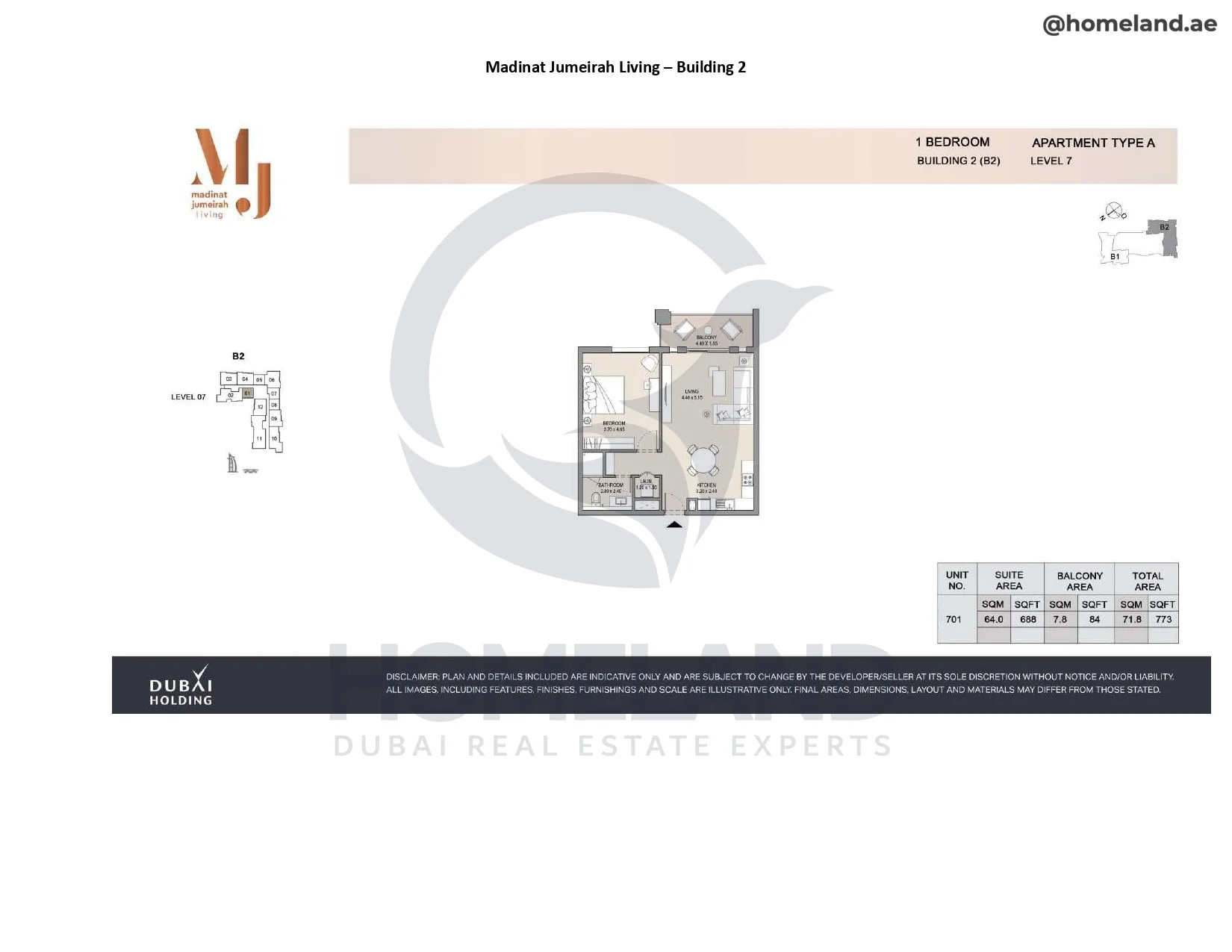 Madinat Jumeirah Living Building 2, 1BR, Type A, Level 7, Unit 701, 773 SQFT