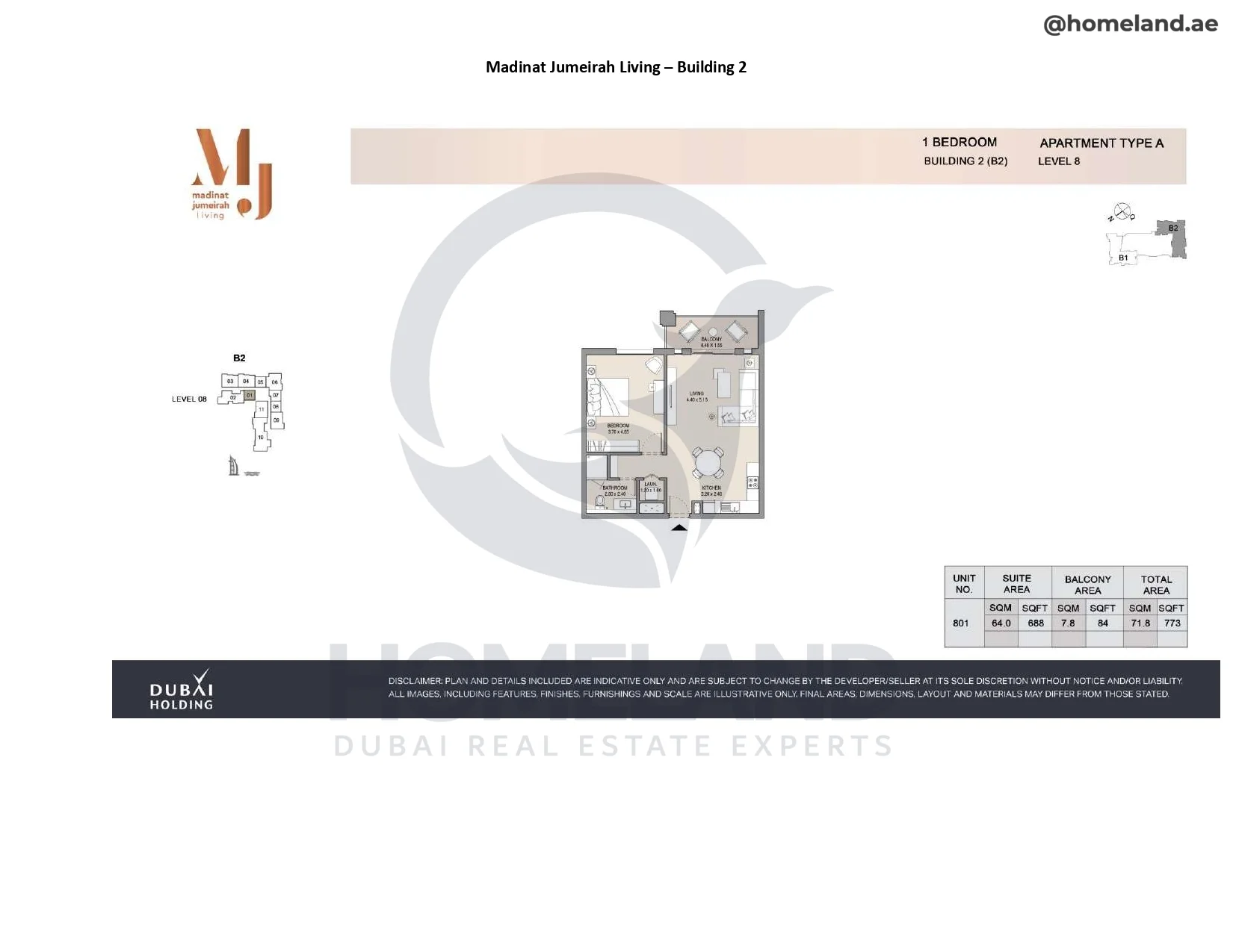 Madinat Jumeirah Living Building 2, 1BR, Type A, Level 8, Unit 801, 773 SQFT