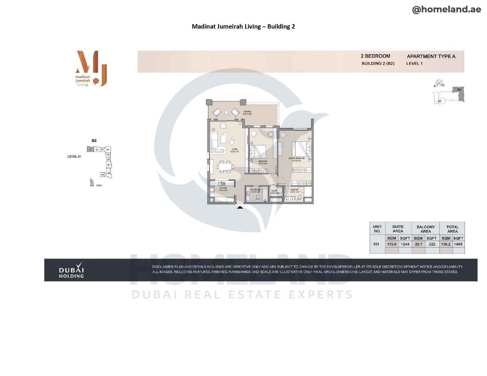 Madinat Jumeirah Living Building 2, 2BR, Type A, Level 1, Unit 101, 1466 SQFT