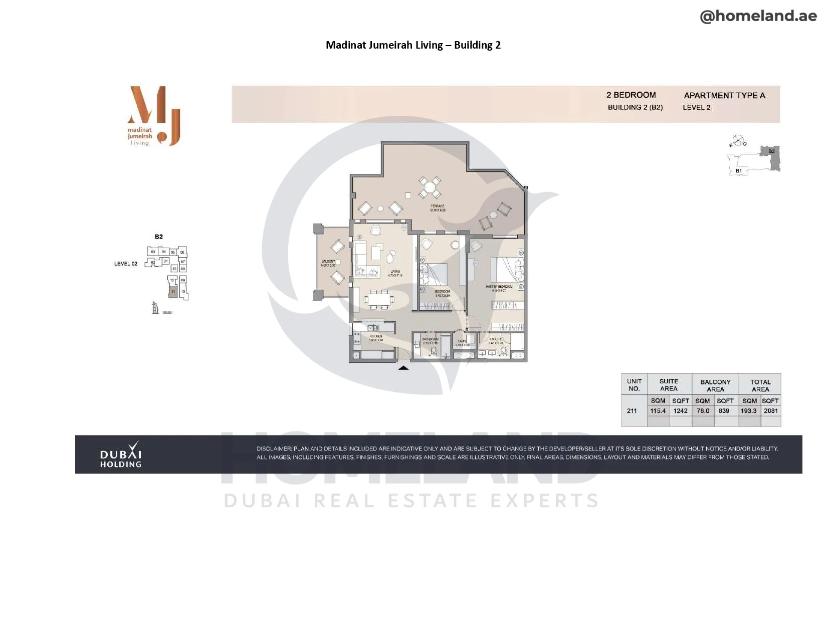 Madinat Jumeirah Living Building 2, 2BR, Type A, Level 2, Unit 211, 2081 SQFT