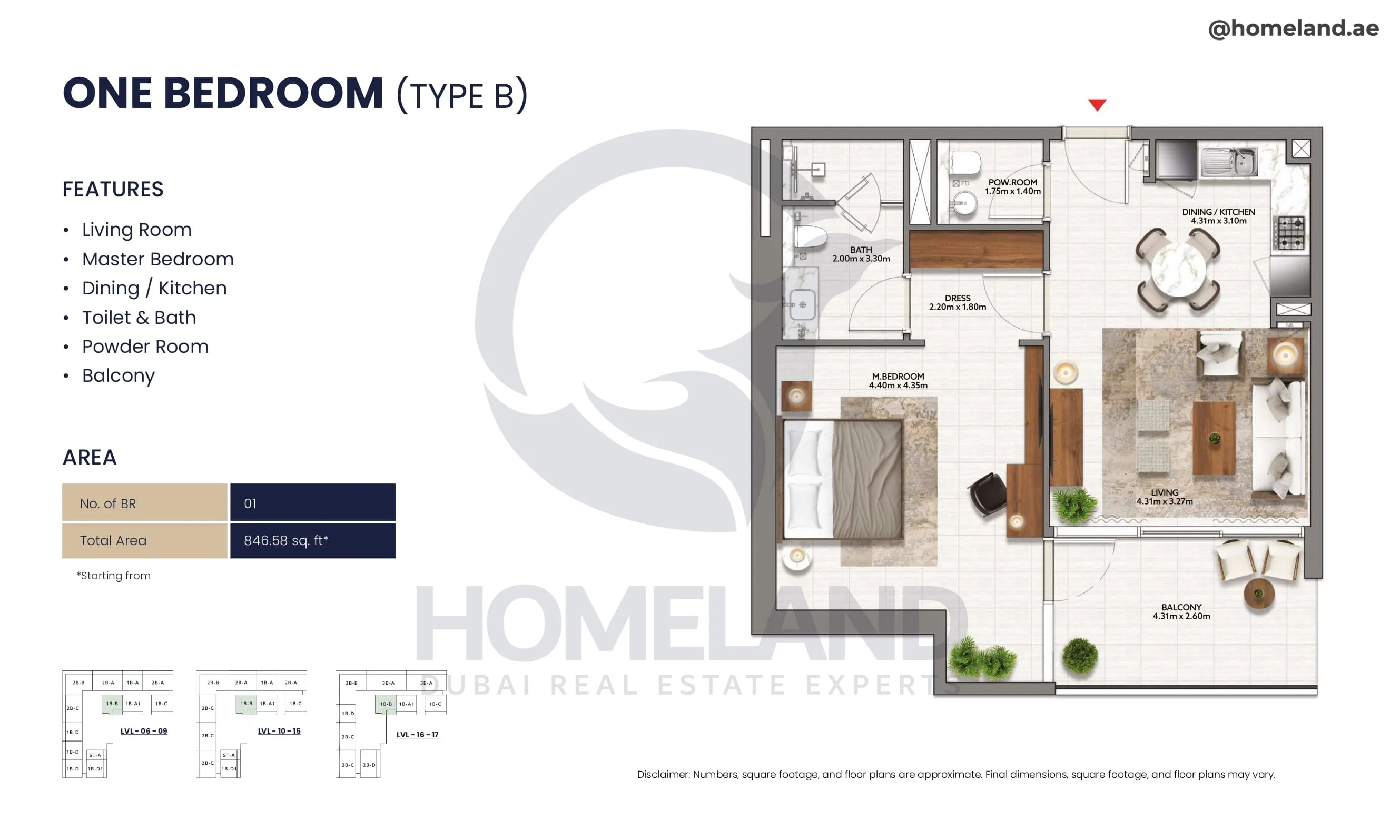 Mallside Residence, 1BR, Type B, Level 6 to 17, 846 SQFT
