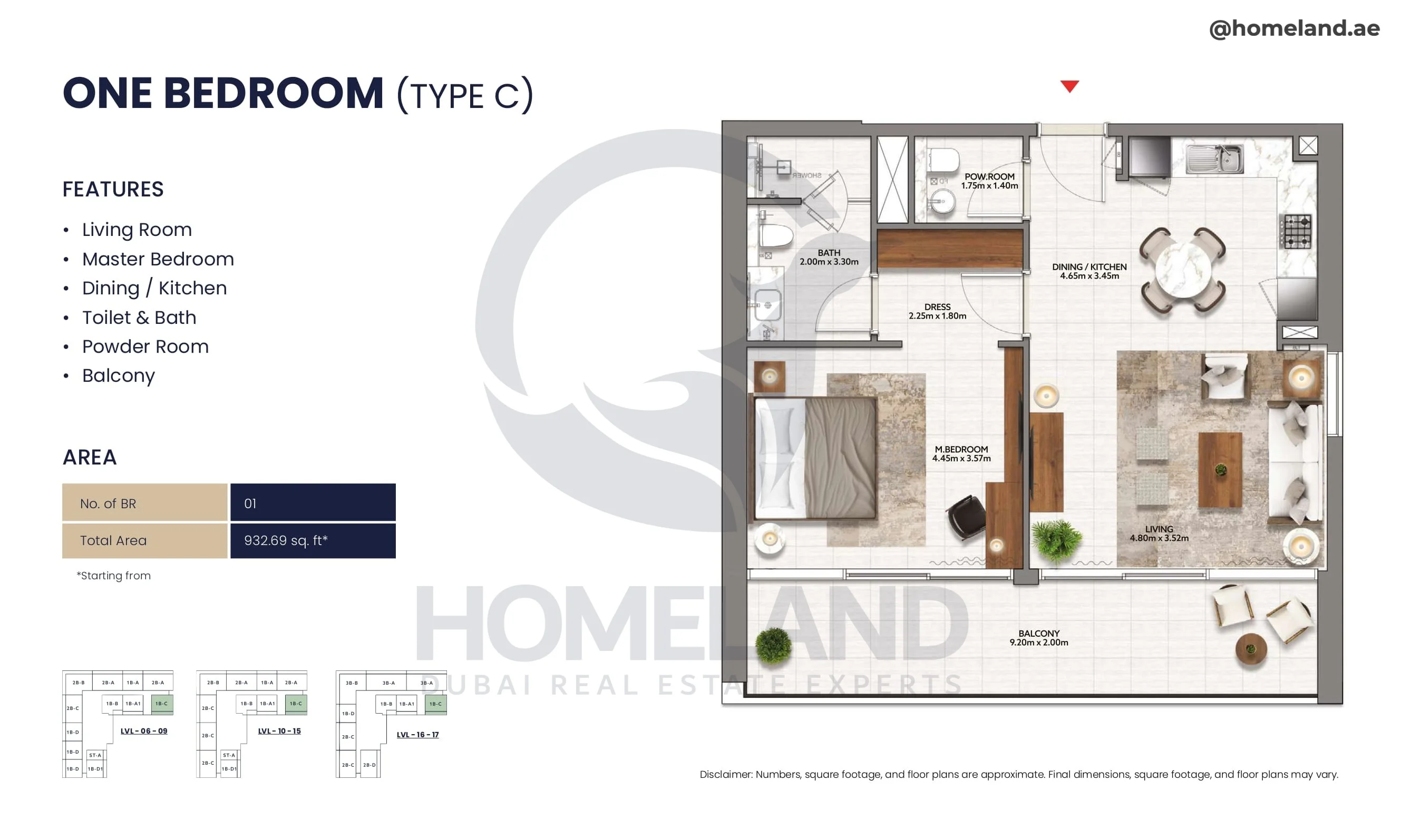 Mallside Residence, 1BR, Type C, Level 6 to 17, 932 SQFT