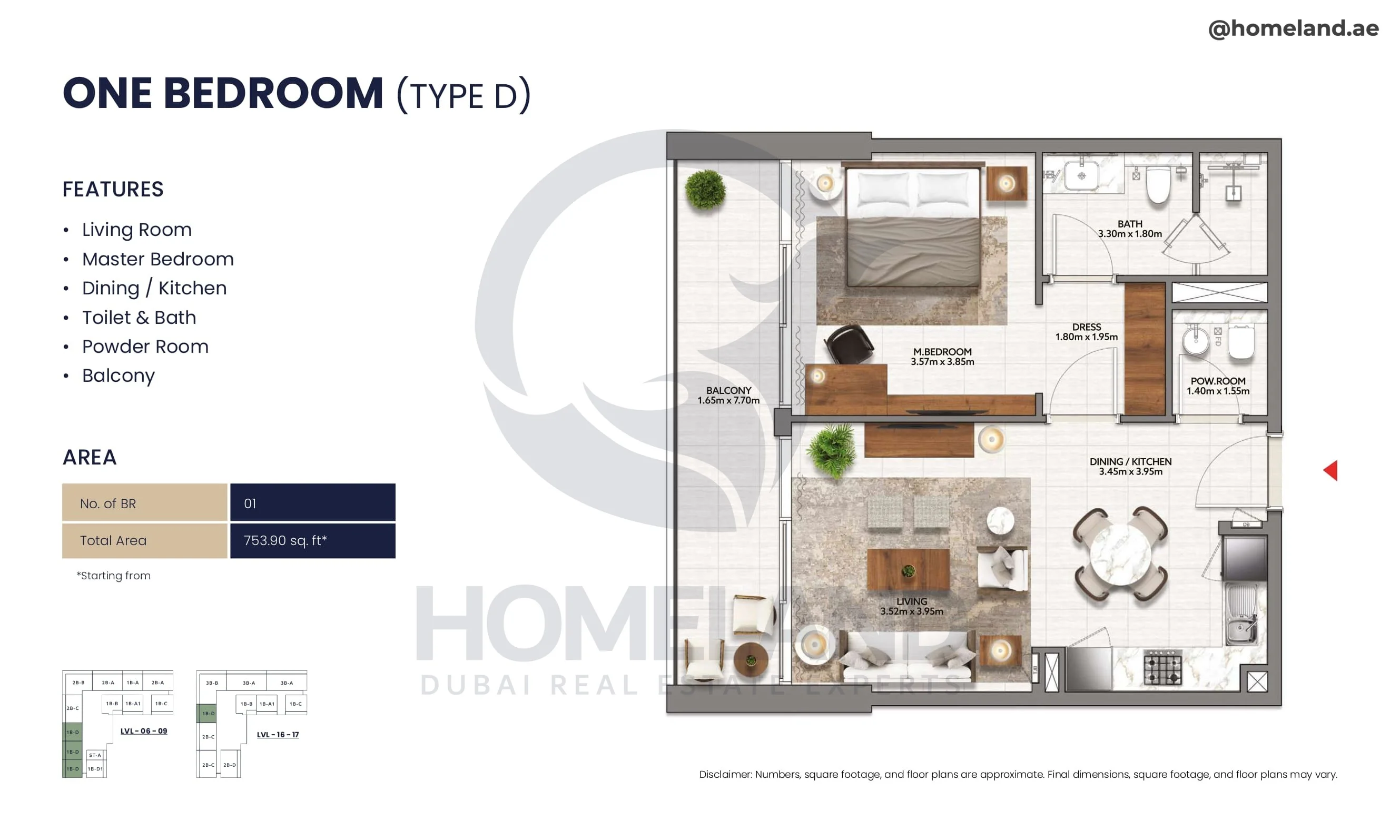 Mallside Residence, 1BR, Type D, Level 6 to 17, 753 SQFT