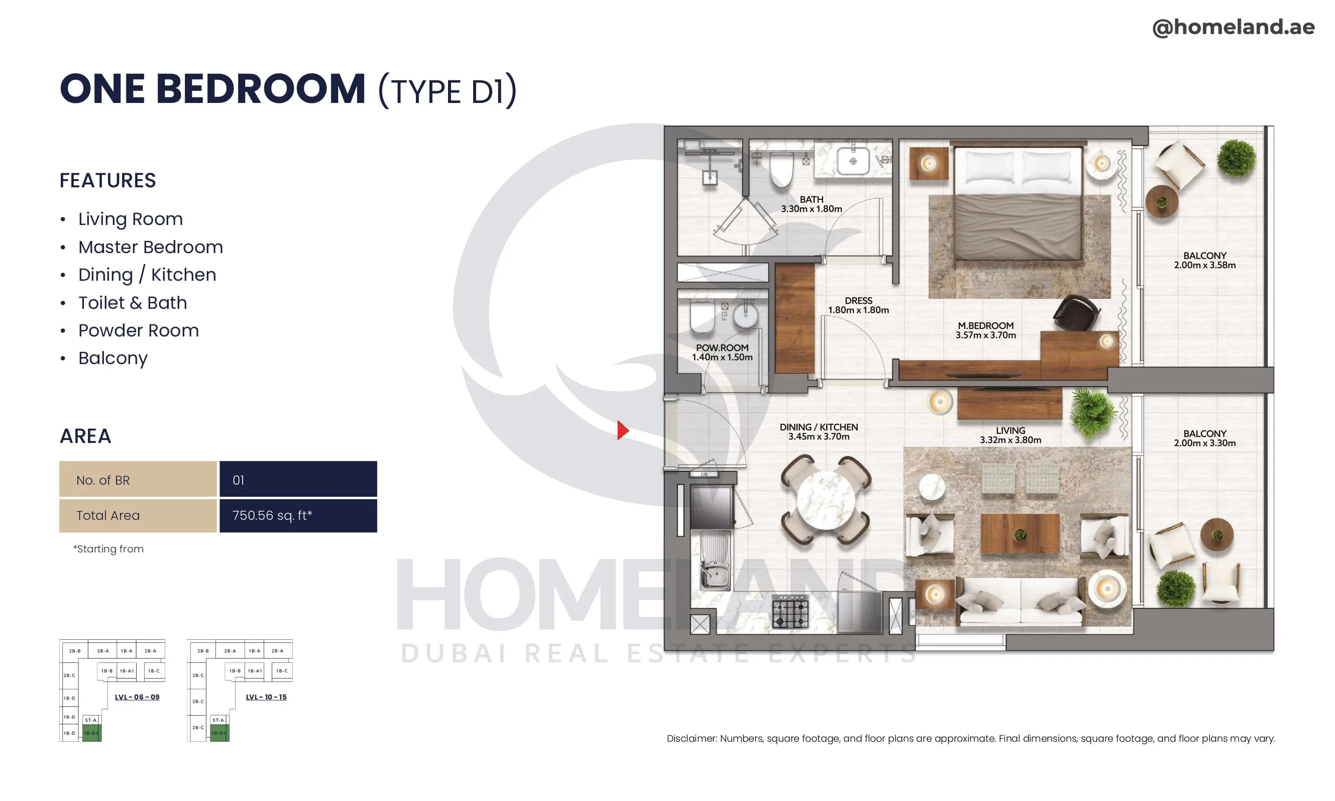 Mallside Residence, 1BR, Type D1, Level 6 to 15, 750 SQFT