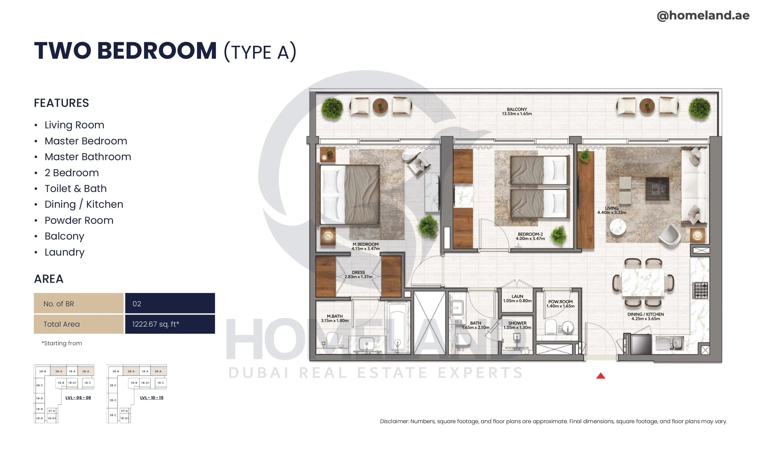 Mallside Residence, 2BR, Type A, Level 6 to 15, 1222 SQFT