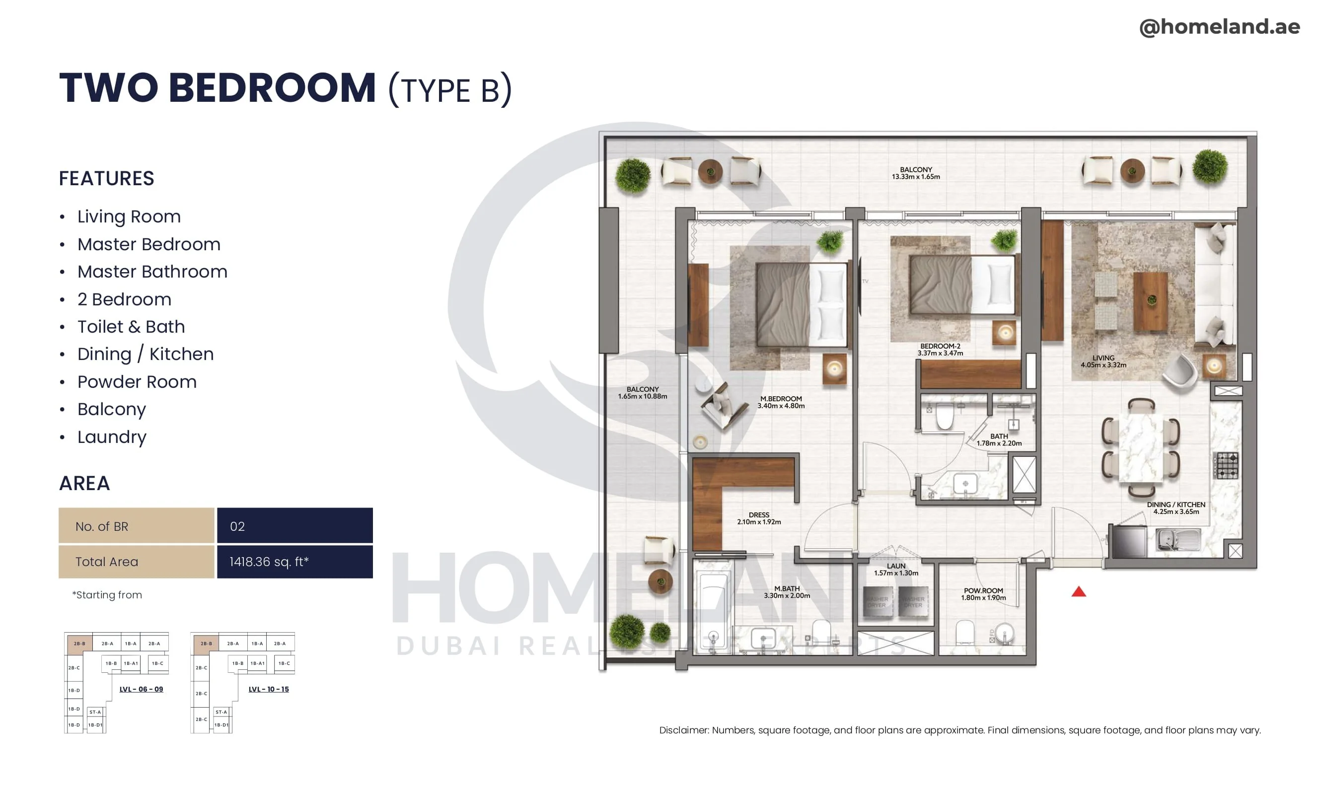 Mallside Residence, 2BR, Type B, Level 6 to 15, 1418 SQFT