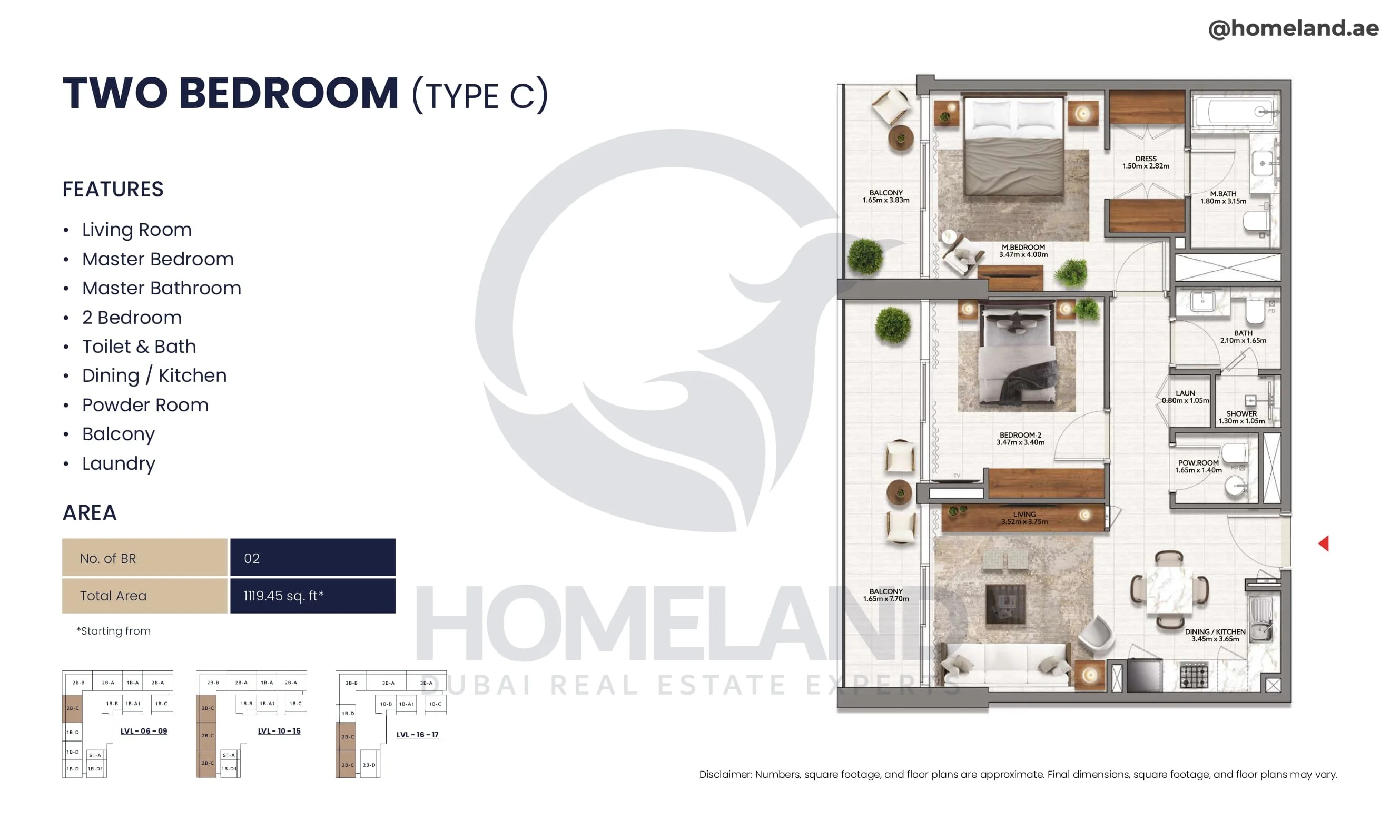 Mallside Residence, 2BR, Type C, Level 6 to 17, 1119 SQFT