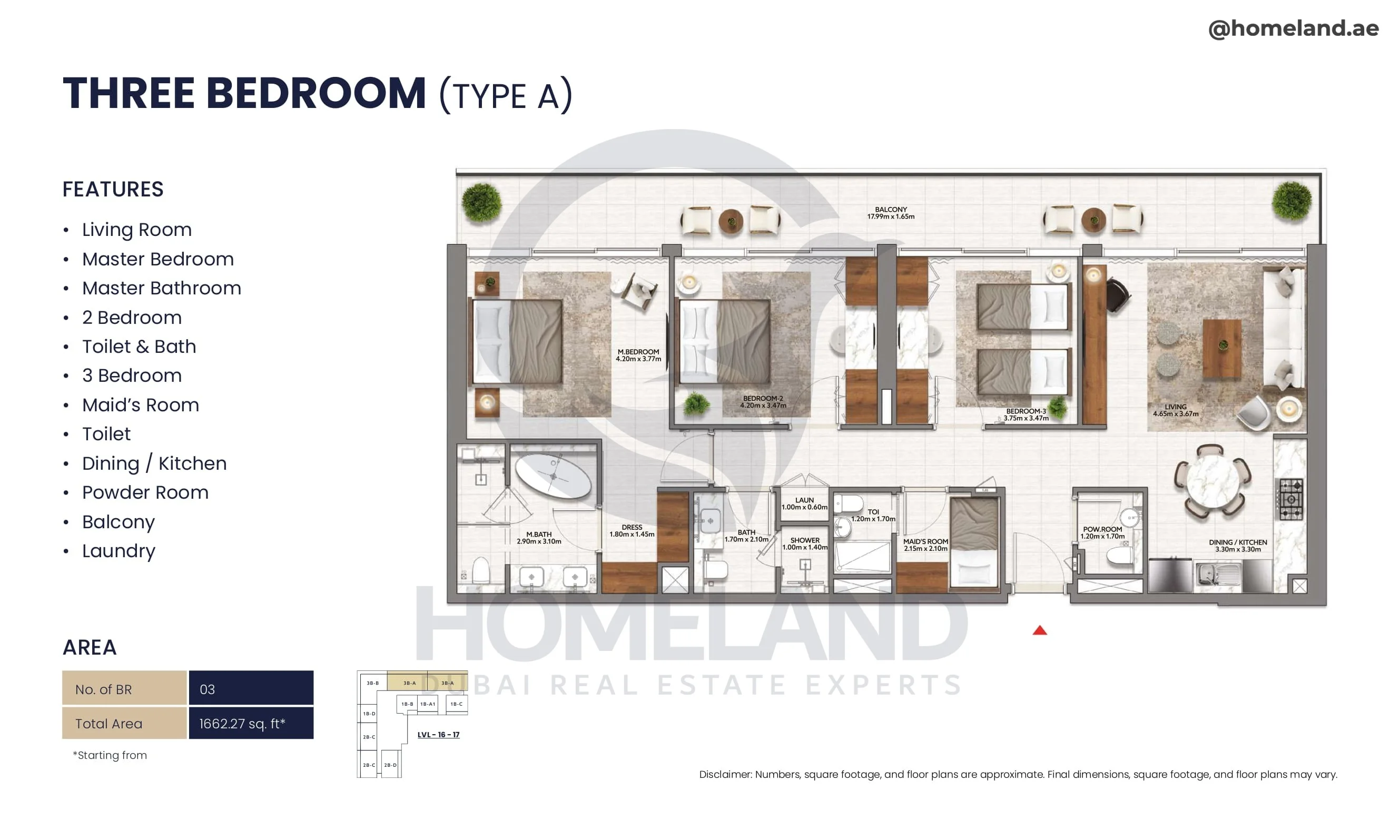 Mallside Residence, 3BR, Type A, Level 16-17, 1662 SQFT