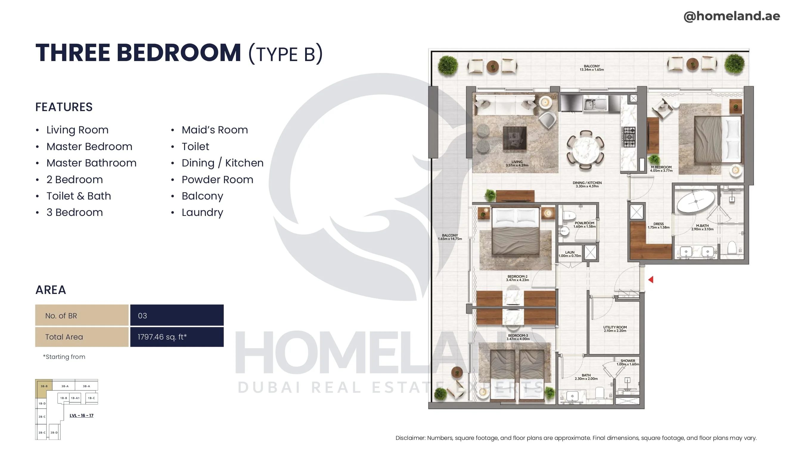 Mallside Residence, 3BR, Type B, Level 16-17, 1797 SQFT