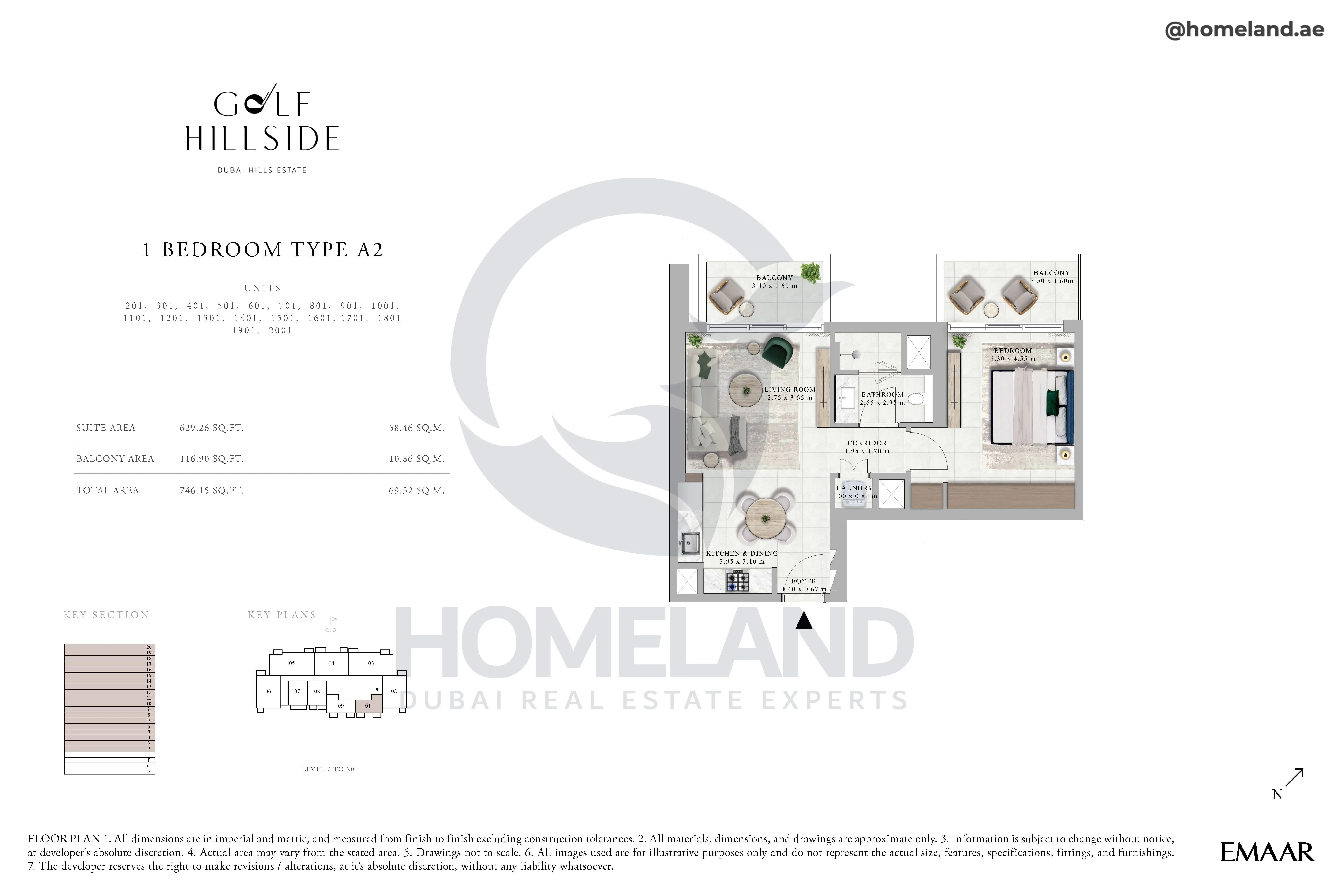 Golf Hillside, 1BR, Type A2, Level 2 to 20, Unit 201-301-401-501-601-701-801-901-1001-1101-1201-1301-1401-1501-1601-1701-1801-1901-2001, 746 SQFT