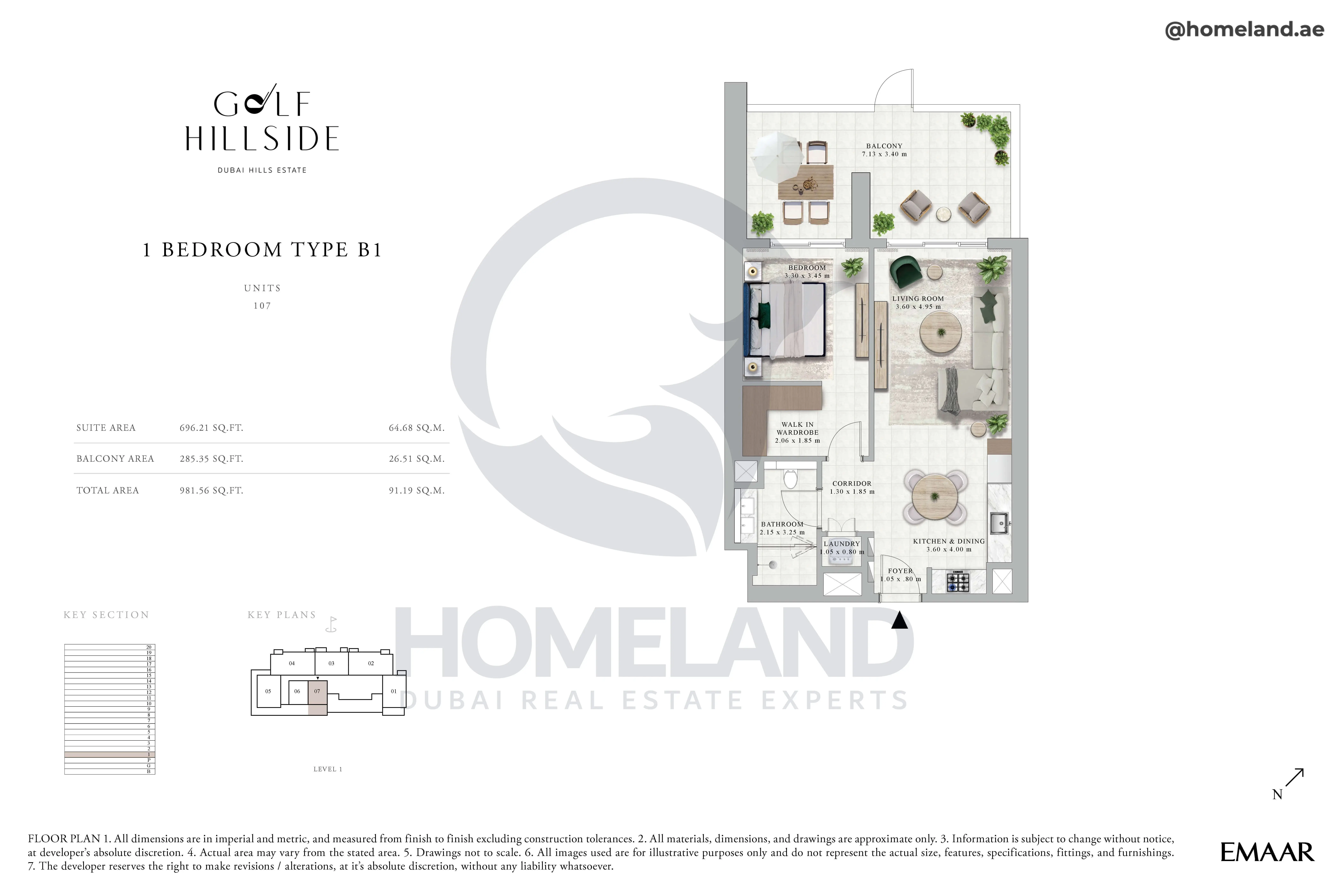 Golf Hillside, 1BR, Type B1, Level 1, Unit 107, 981 SQFT