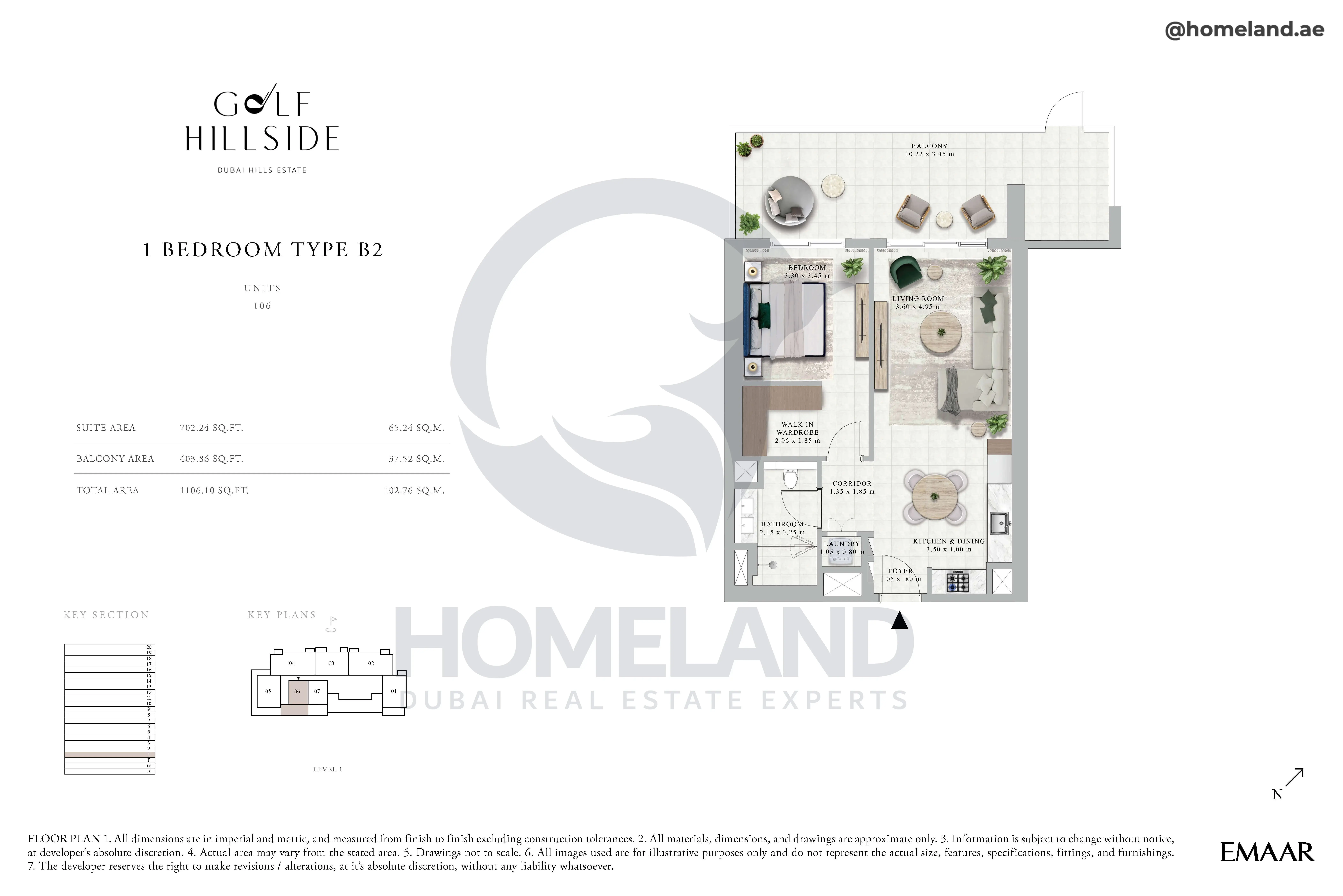 Golf Hillside, 1BR, Type B2, Level 1, Unit 106, 1106 SQFT