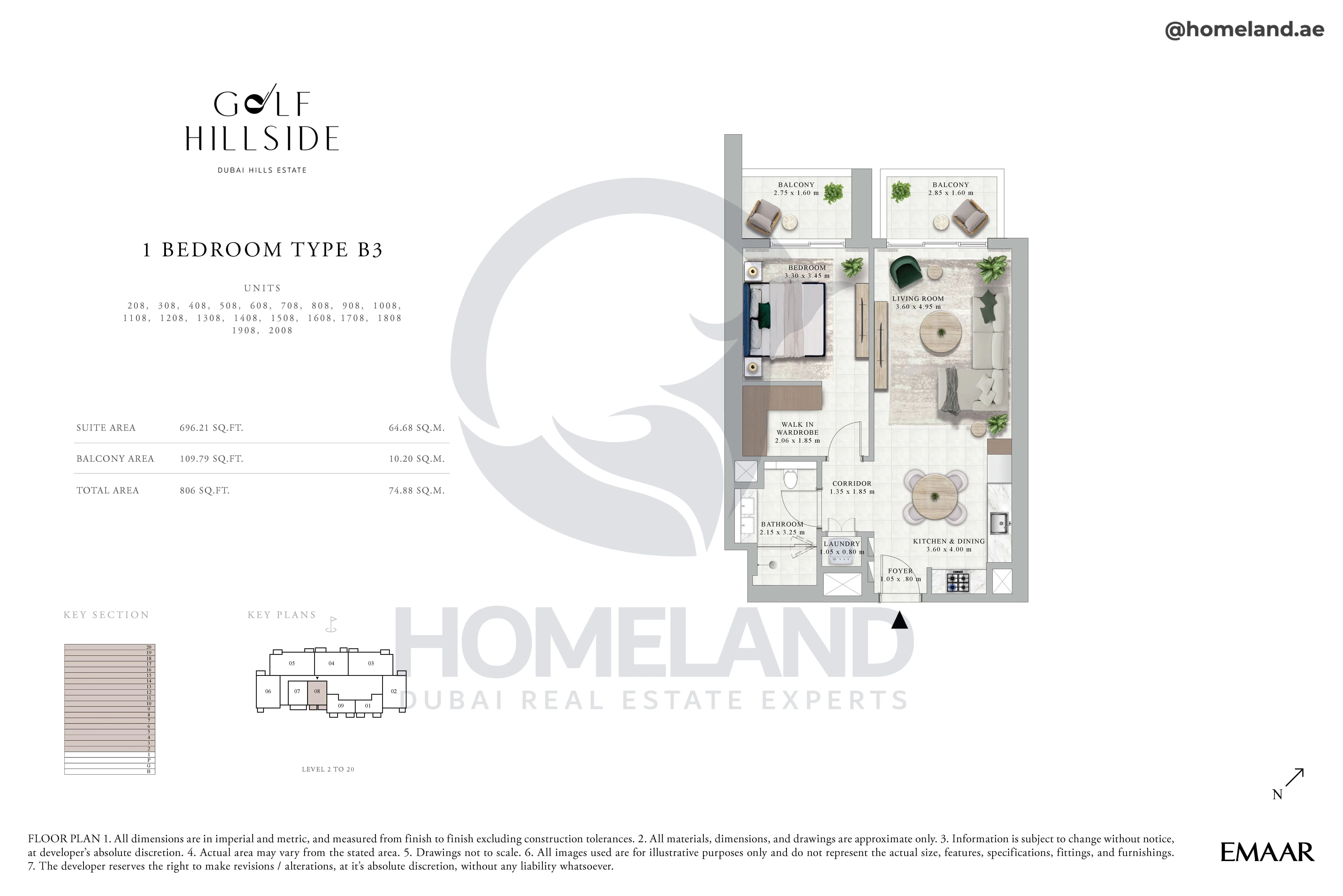 Golf Hillside, 1BR, Type B3, Level 2 to 20, Unit 208-308-408-508-608-708-808-908-1008-1108-1208-1308-1408-1508-1608-1708-1808-1908-2008, 806 SQFT