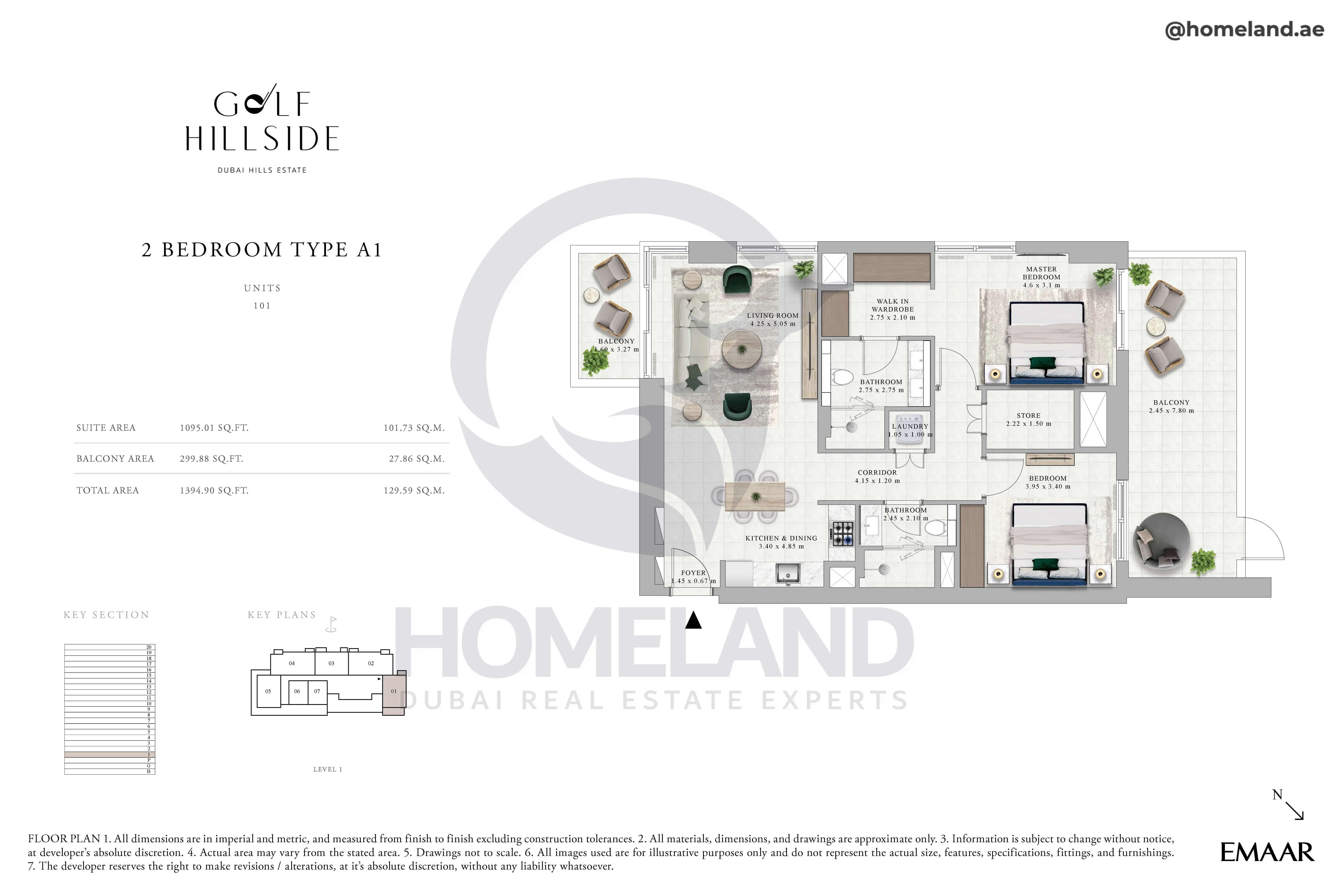 Golf Hillside, 2BR, Type A1, Level 1, Unit 101, 1394 SQFT