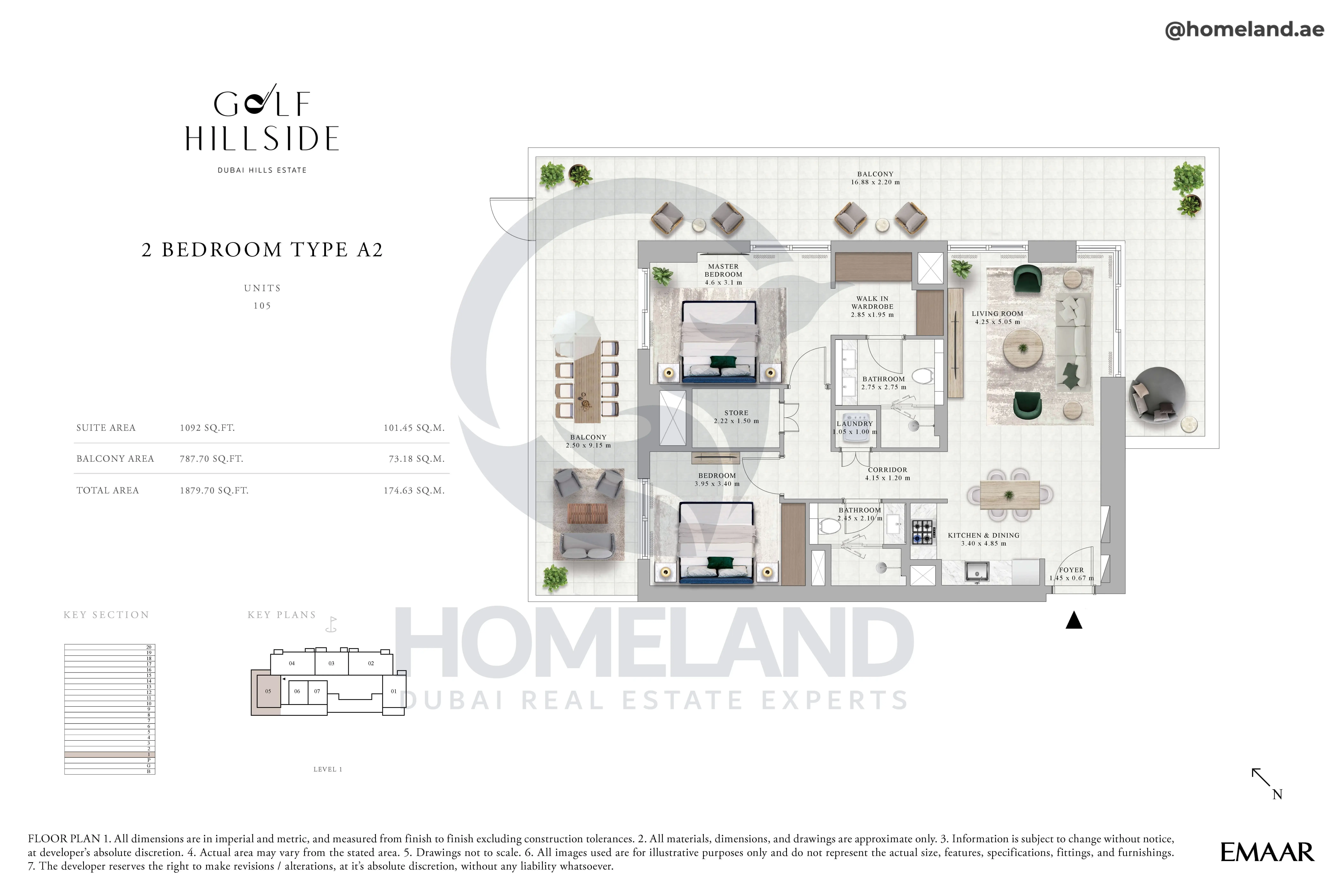 Golf Hillside, 2BR, Type A2, Level 1, Unit 105, 1879 SQFT