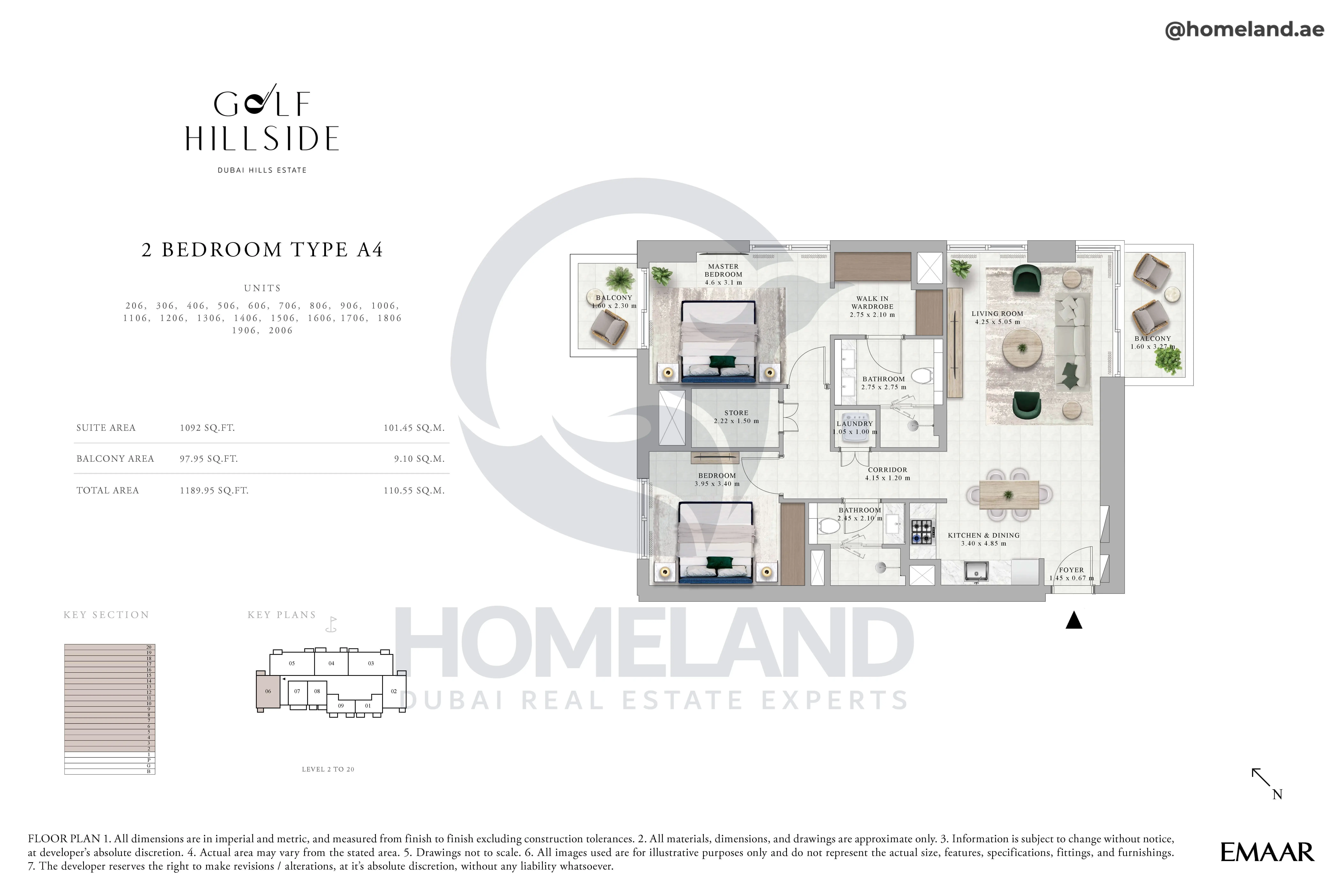 Golf Hillside, 2BR, Type A4, Level 2 to 20, Unit 206-306-406-506-606-706-806-906-1006-1106-1206-1306-1406-1506-1606-1706-1806-1906-2006, 1189 SQFT