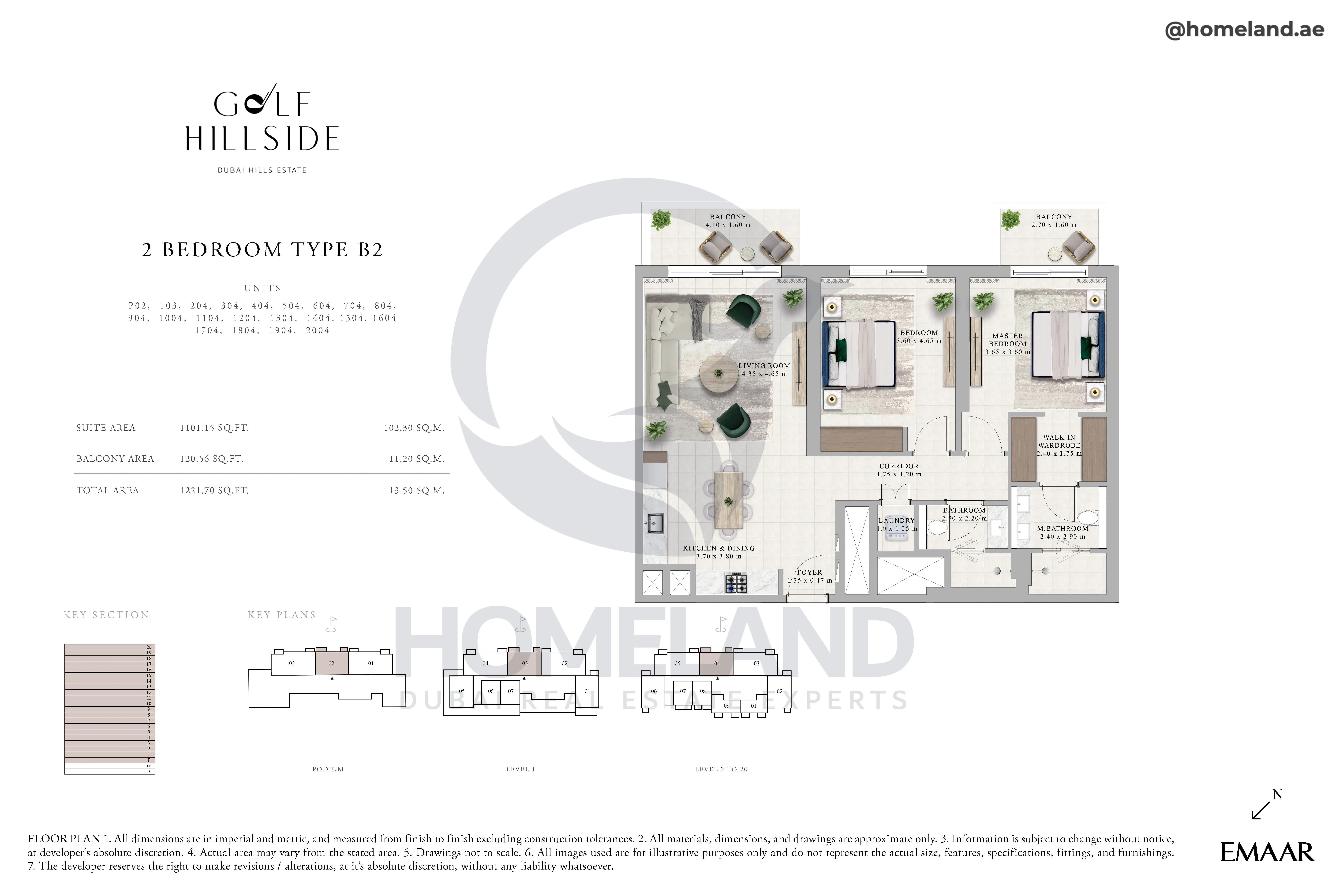 Golf Hillside, 2BR, Type B2, Level Podium-1 to 20, Unit P02-103-204-304-404-504-604-704-804-904-1004-1104-1204-1304-1404-1504-1604-1704-1804-1904-2004, 1221 SQFT