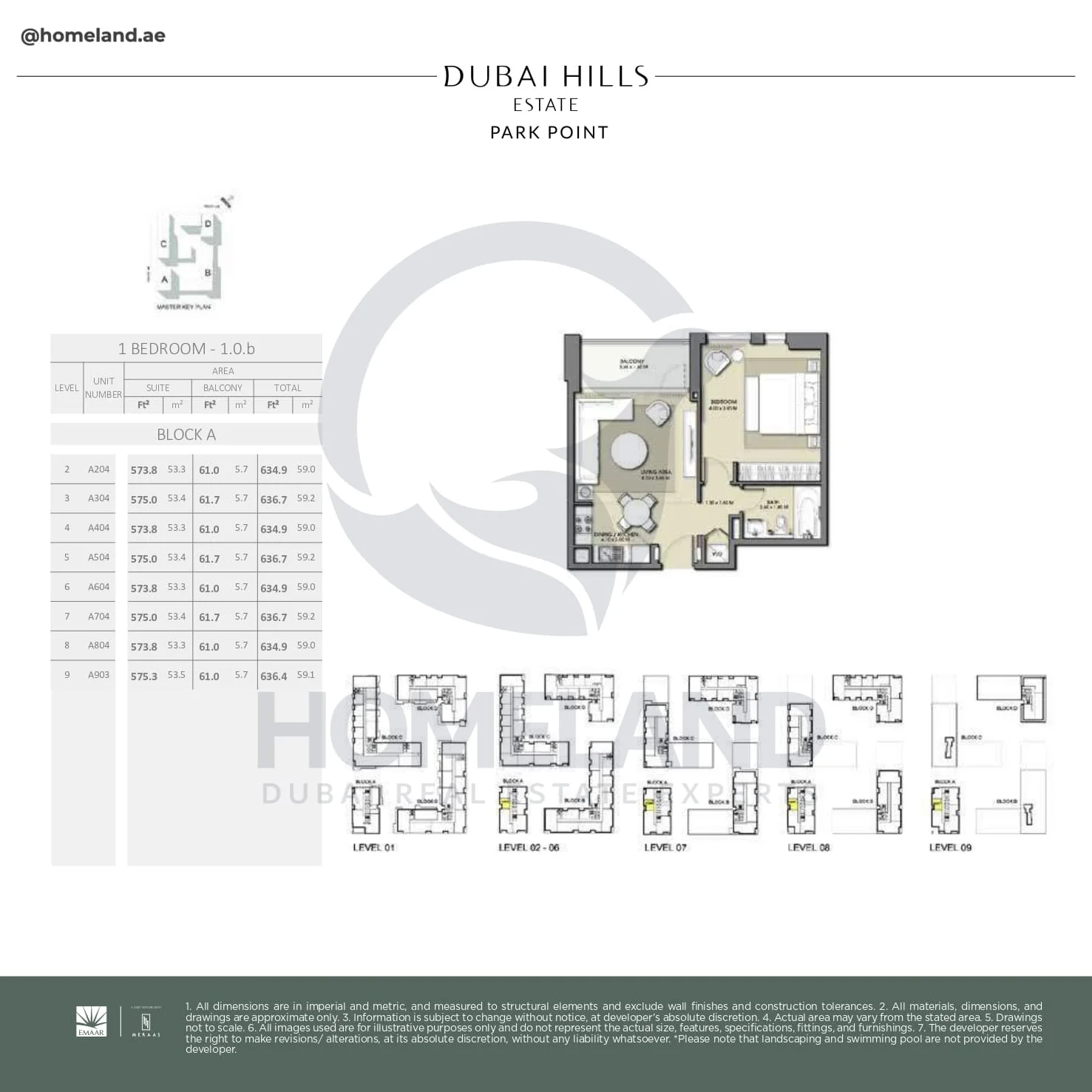 Park Point, 1BR, Block A, Type 1.0.b, Level 2 to 9, Unit A204-A304-A404-A504-A604-A704-A804-A903, 636 SQFT