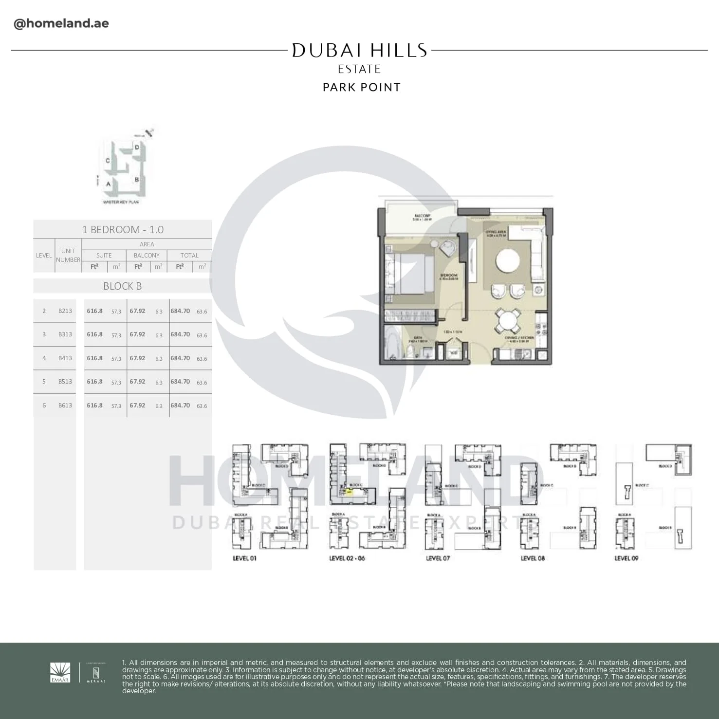 Park Point, 1BR, Block B, Type 1.0, Level 2 to 6, Unit B213-B313-B413-B513-B613, 684 SQFT