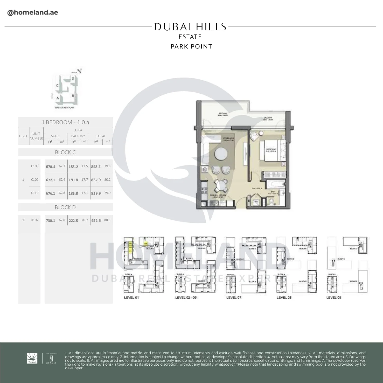 Park Point, 1BR, Block C-D, Type 1.0.a, Level 1, Unit C108-C109-C110-D102, 952 SQFT