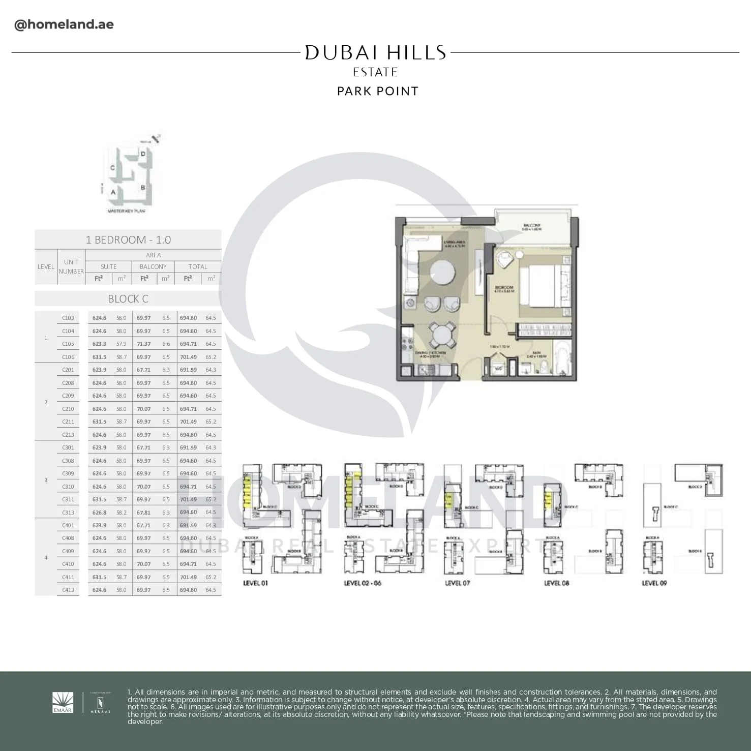 Park Point, 1BR, Block C, Type 1.0, Level 1 to 4, Unit C103-C104-C105-C106-C201-C208-C209-C210-C211-C213-C301-C308-C309-C310-C311-C313-C401-C408-C409-C410-C411-C413, 701 SQFT