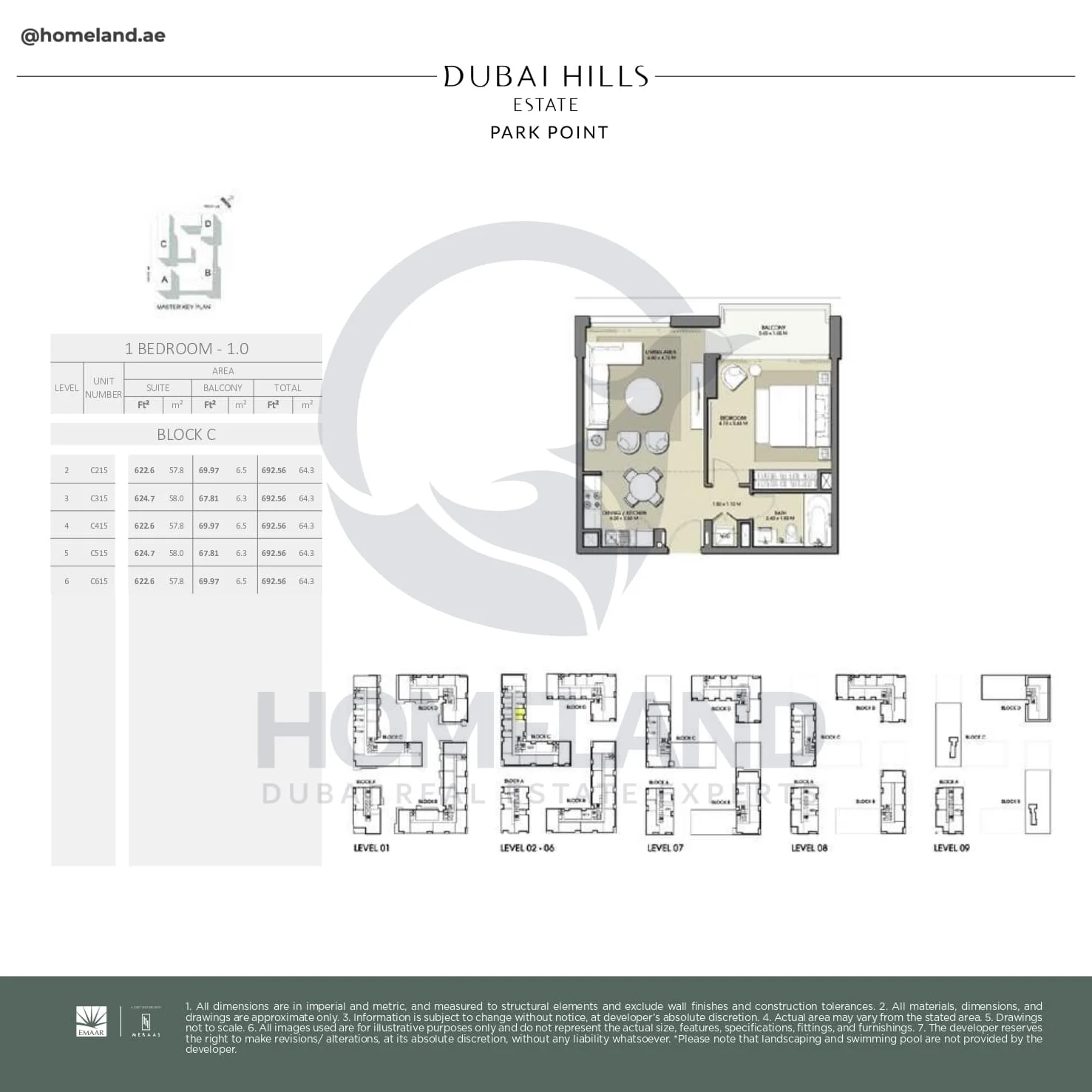 Park Point, 1BR, Block C, Type 1.0, Level 2 to 6, Unit C215-C315-C415-C515-C615, 692 SQFT