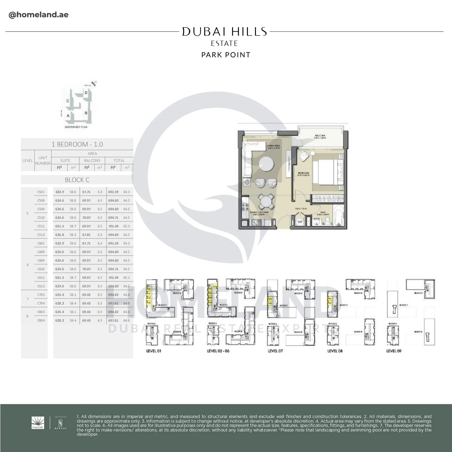 Park Point, 1BR, Block C, Type 1.0, Level 5 to 8, Unit C501-C508-C509-C510-C511-C513-C601-C608-C609-C610-C611-C613-C703-C704-C803-C804, 701 SQFT