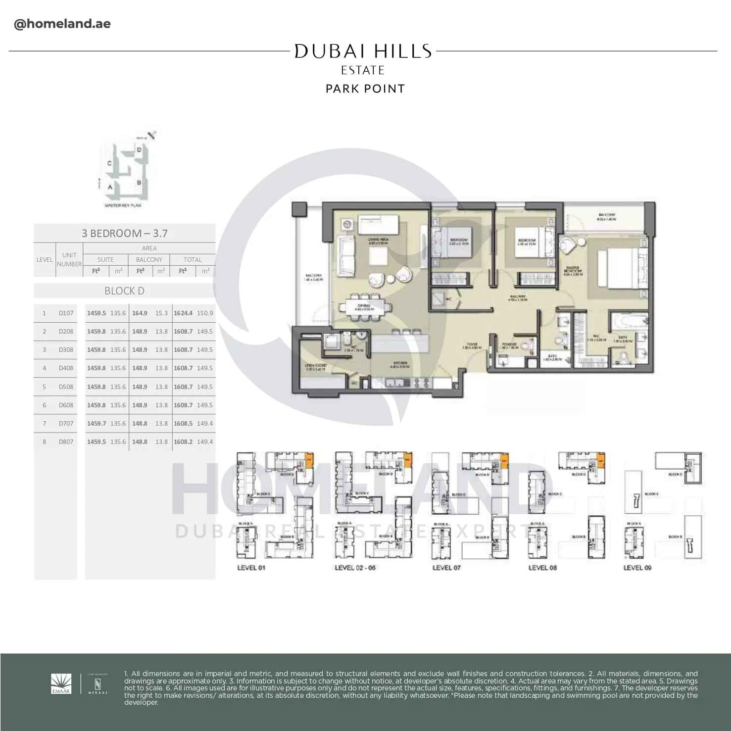 Park Point, 3BR, Block D, Type 3.7, Level 1 to 8, Unit D107-D208-D308-D408-D508-D608-D707-D807, 1624 SQFT
