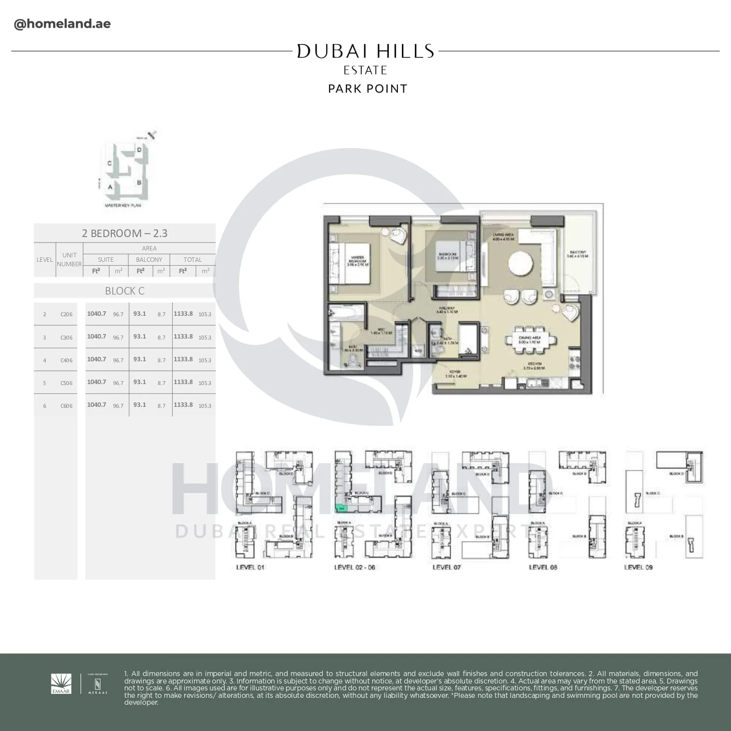 Park Point, 2BR, Block C, Type 2.3, Level 2 to 6, Unit C206-C306-C406-C506-C606, 1133 SQFT