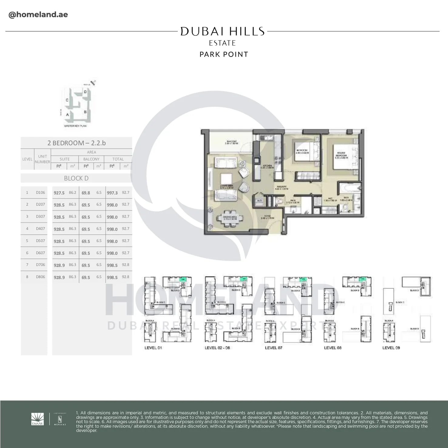 Park Point, 2BR, Block D, Type 2.2.b, Level 1 to 8, Unit D106-D207-D307-D407-D507-D607-D706-D806, 998 SQFT