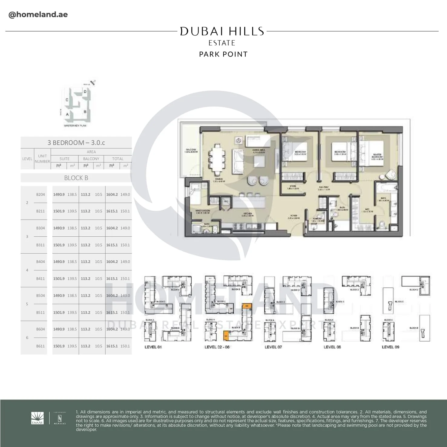 Park Point, 3BR, Block B, Type 3.0.c, Level 2 to 6, Unit B204-B211-B304-B311-B404-B411-B504-B511-B604-B611, 1615 SQFT