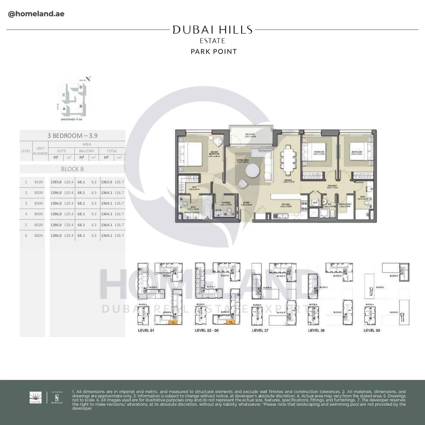 Park Point, 3BR, Block B, Type 3.9, Level 1 to 6, Unit B109-B209-B309-B409-B509-B609, 1364 SQFT