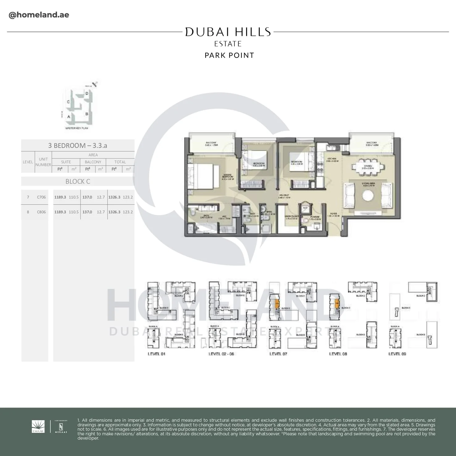 Park Point, 3BR, Block C, Type 3.3.a, Level 7-8, Unit C706-C806, 1326 SQFT