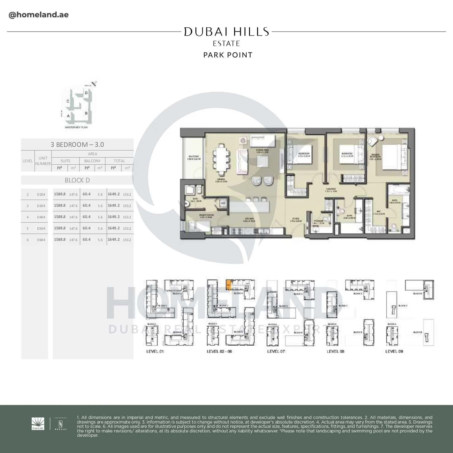 Park Point, 3BR, Block D, Type 3.0, Level 2 to 6, Unit D204-D304-D404-D504-D604, 1649 SQFT