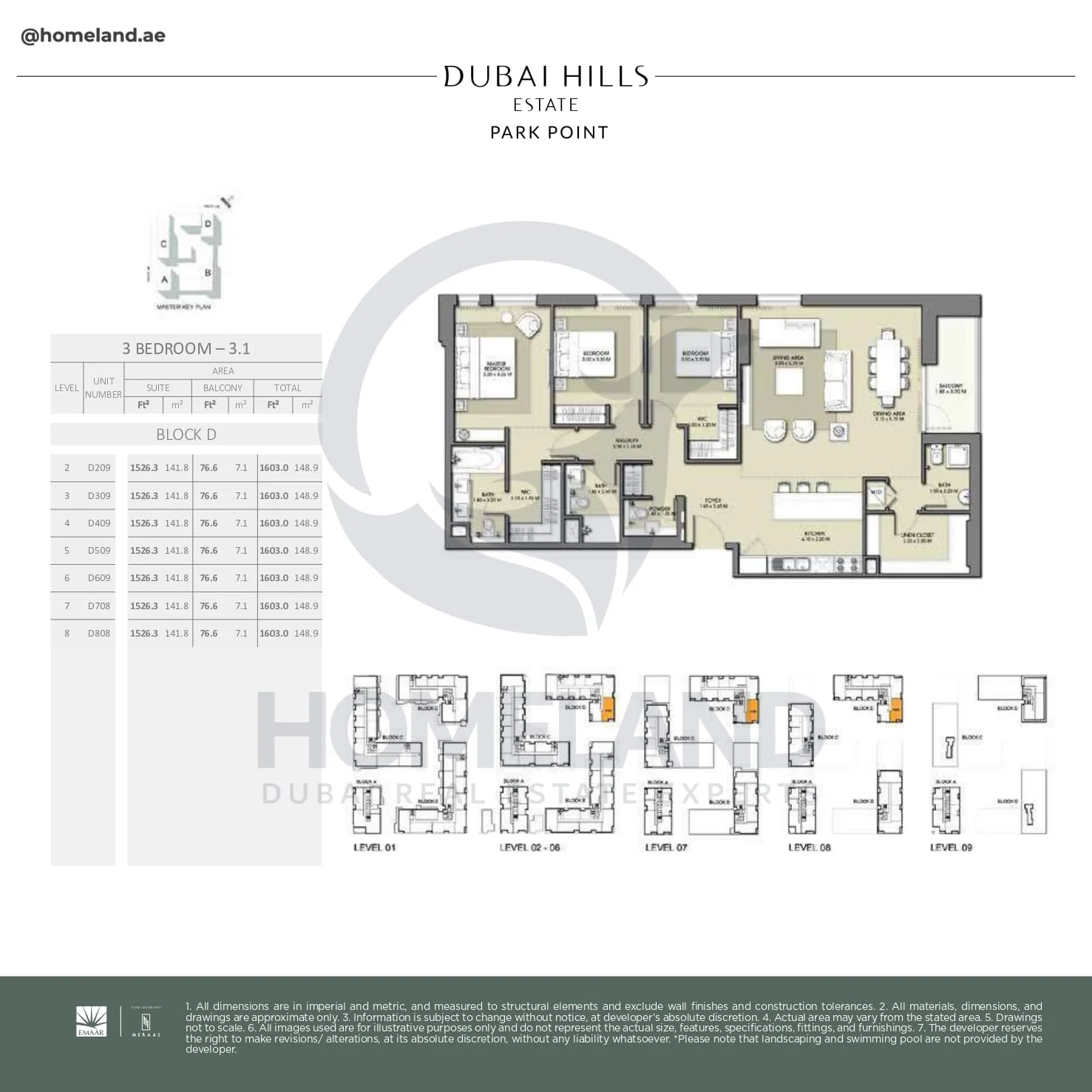 Park Point, 3BR, Block D, Type 3.1, Level 2 to 8, Unit D209-D309-D409-D509-D609-D709-D808, 1603 SQFT