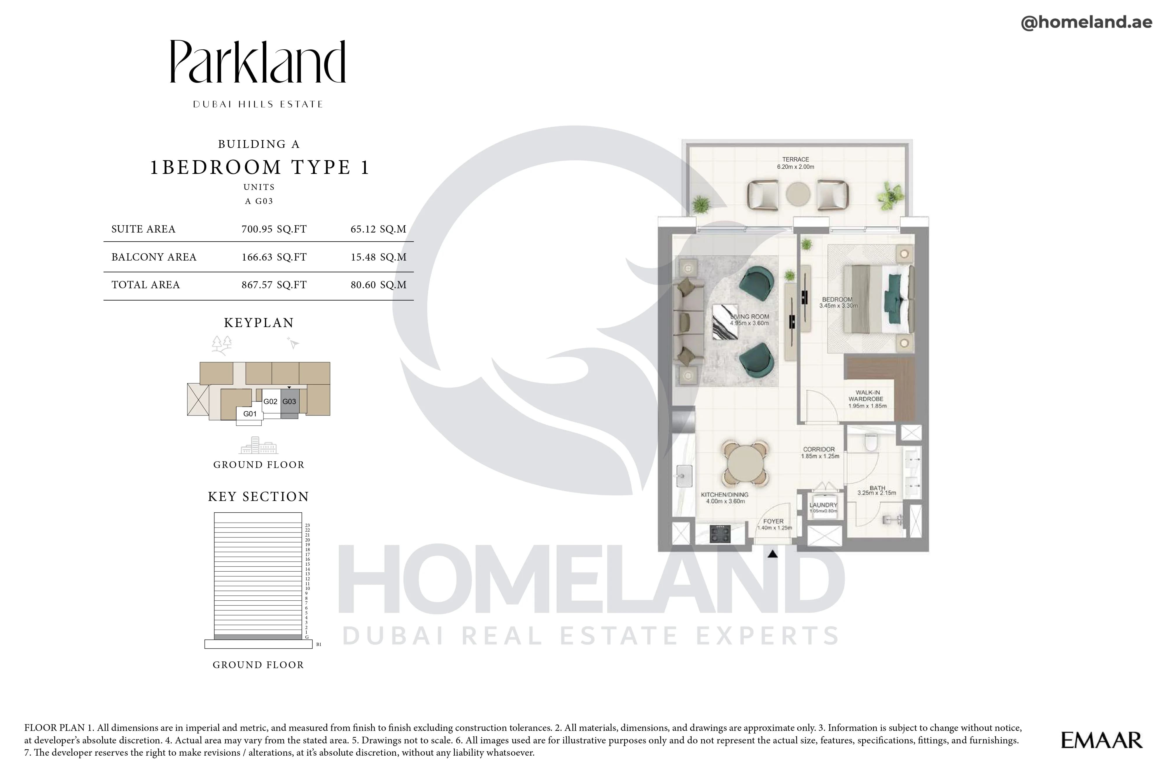 Parkland, Building A, 1BR, Type 1, Unit G03, Level GF, 867 SQFT