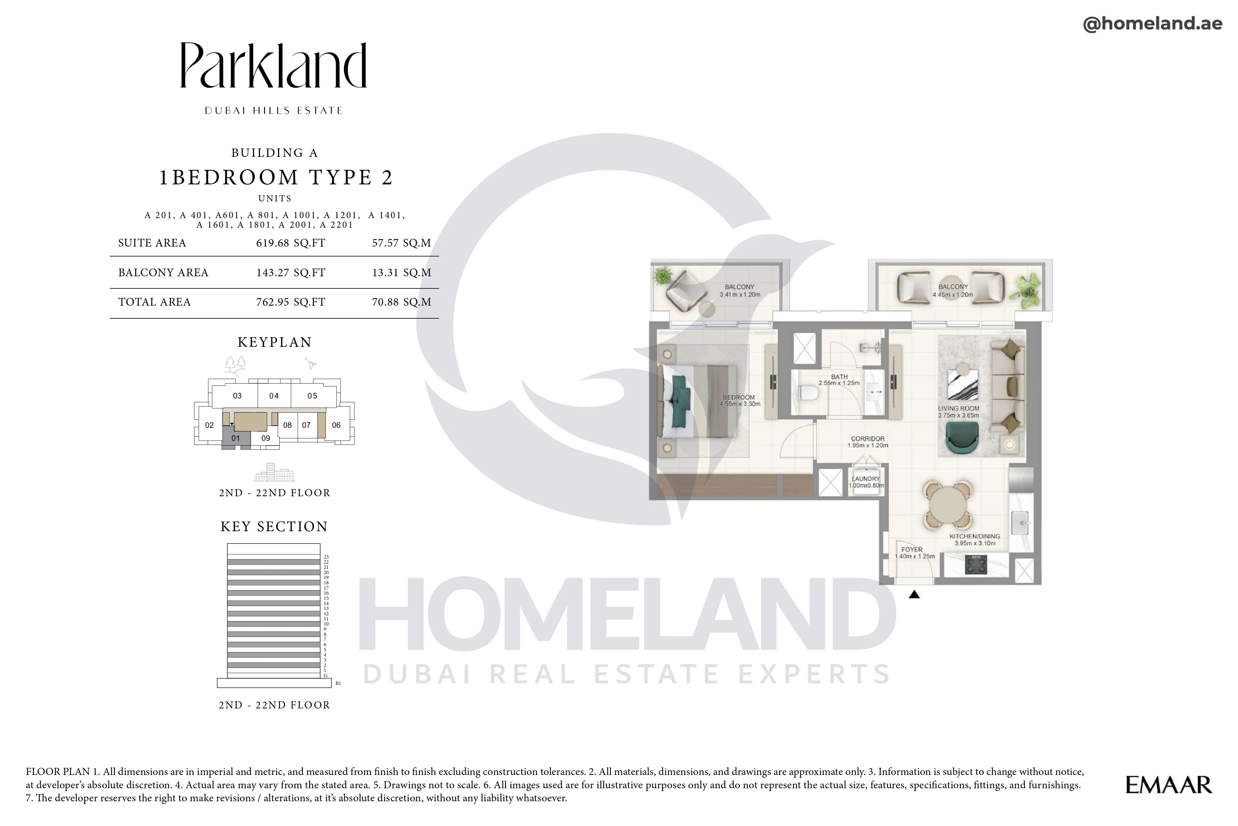 Parkland, Building A, 1BR, Type 2, Unit 201-401-601-801-1001-1201-1401-1601-1801-2001-2201, Level 2-22, 762 SQFT