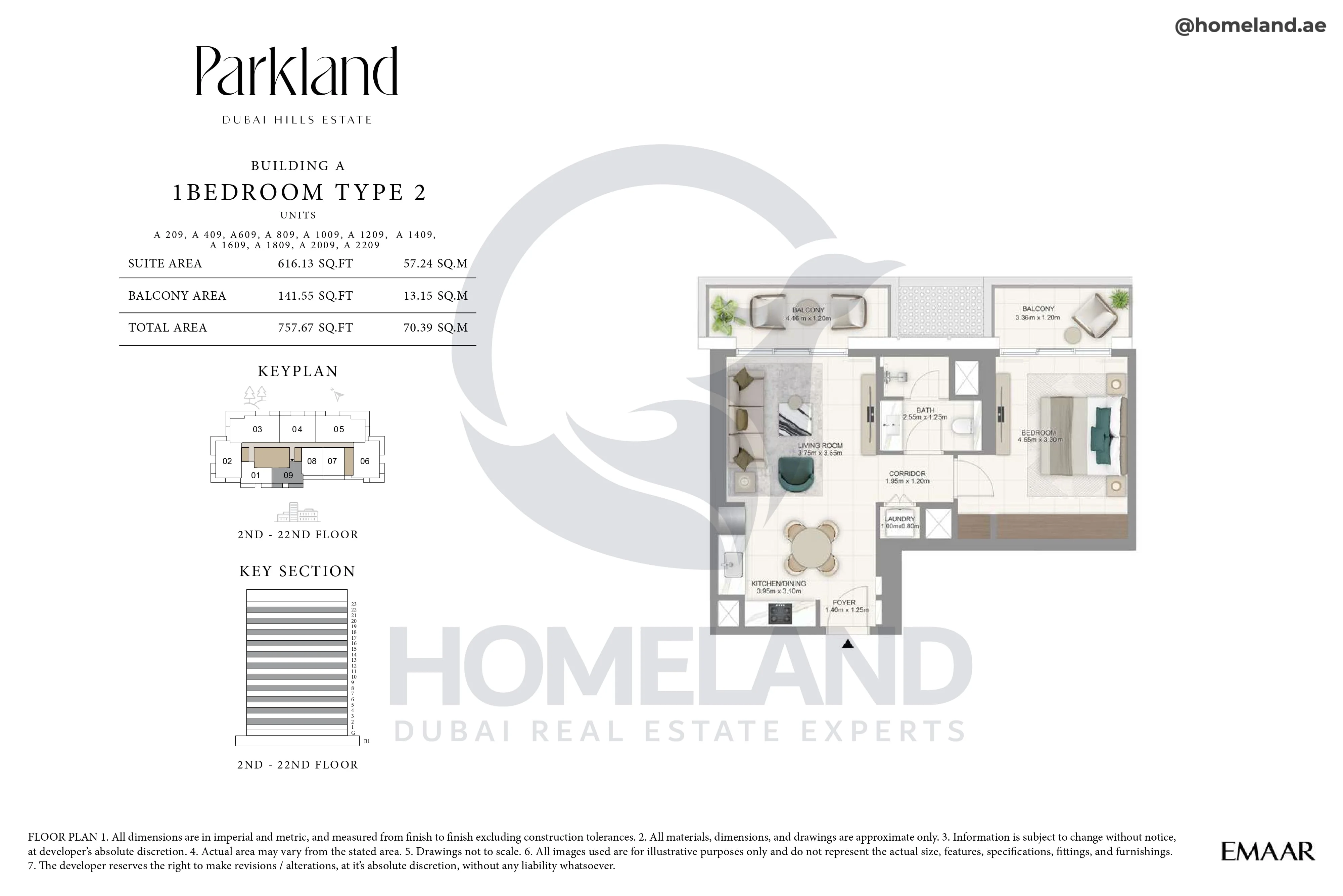 Parkland, Building A, 1BR, Type 2, Unit 209-409-609-809-1009-1209-1409-1609-1809-2009-2209, Level 2-22, 757 SQFT