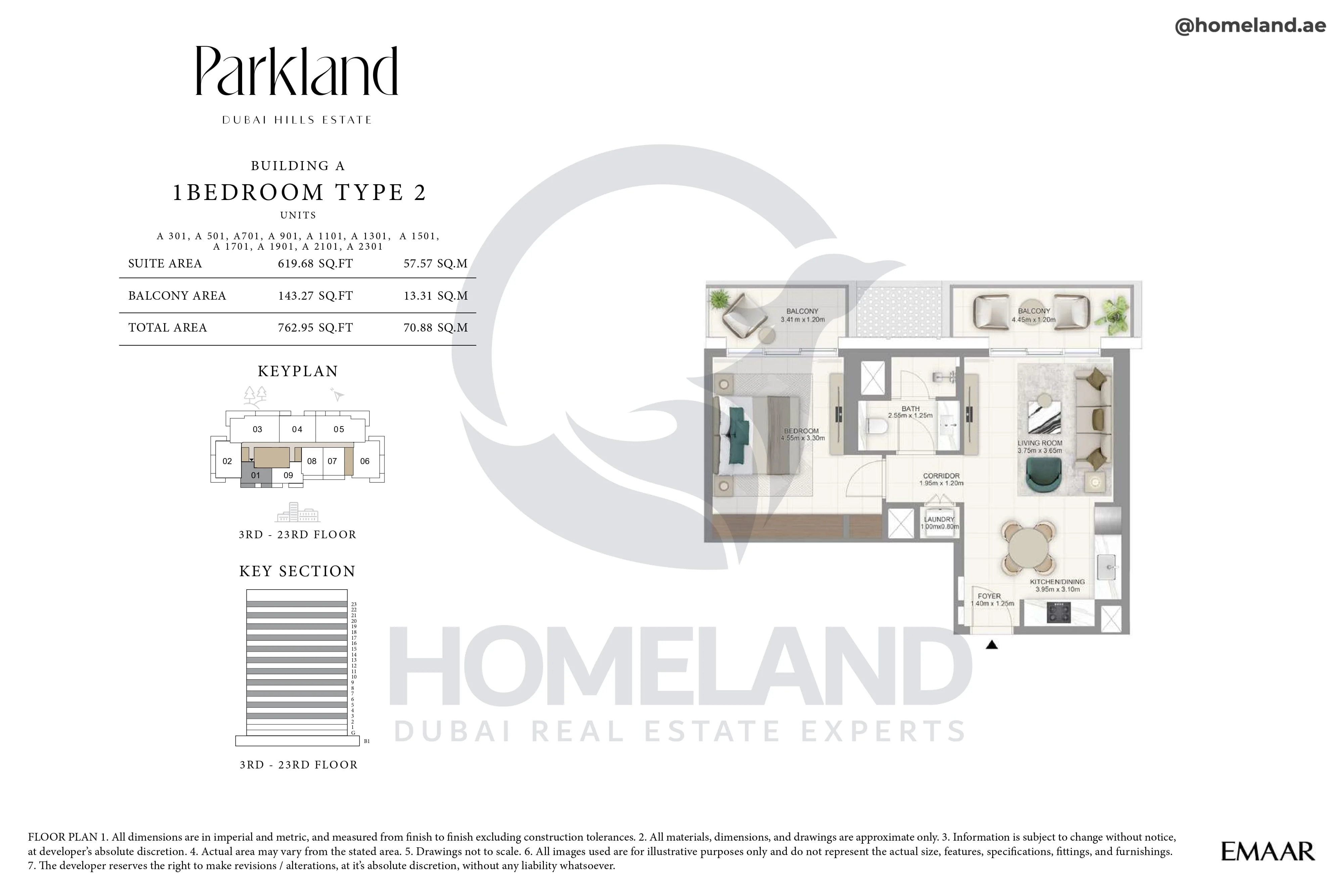 Parkland, Building A, 1BR, Type 2, Unit 301-501-701-901-1101-1301-1501-1701-1901-2101-2301, Level 3-23, 762 SQFT