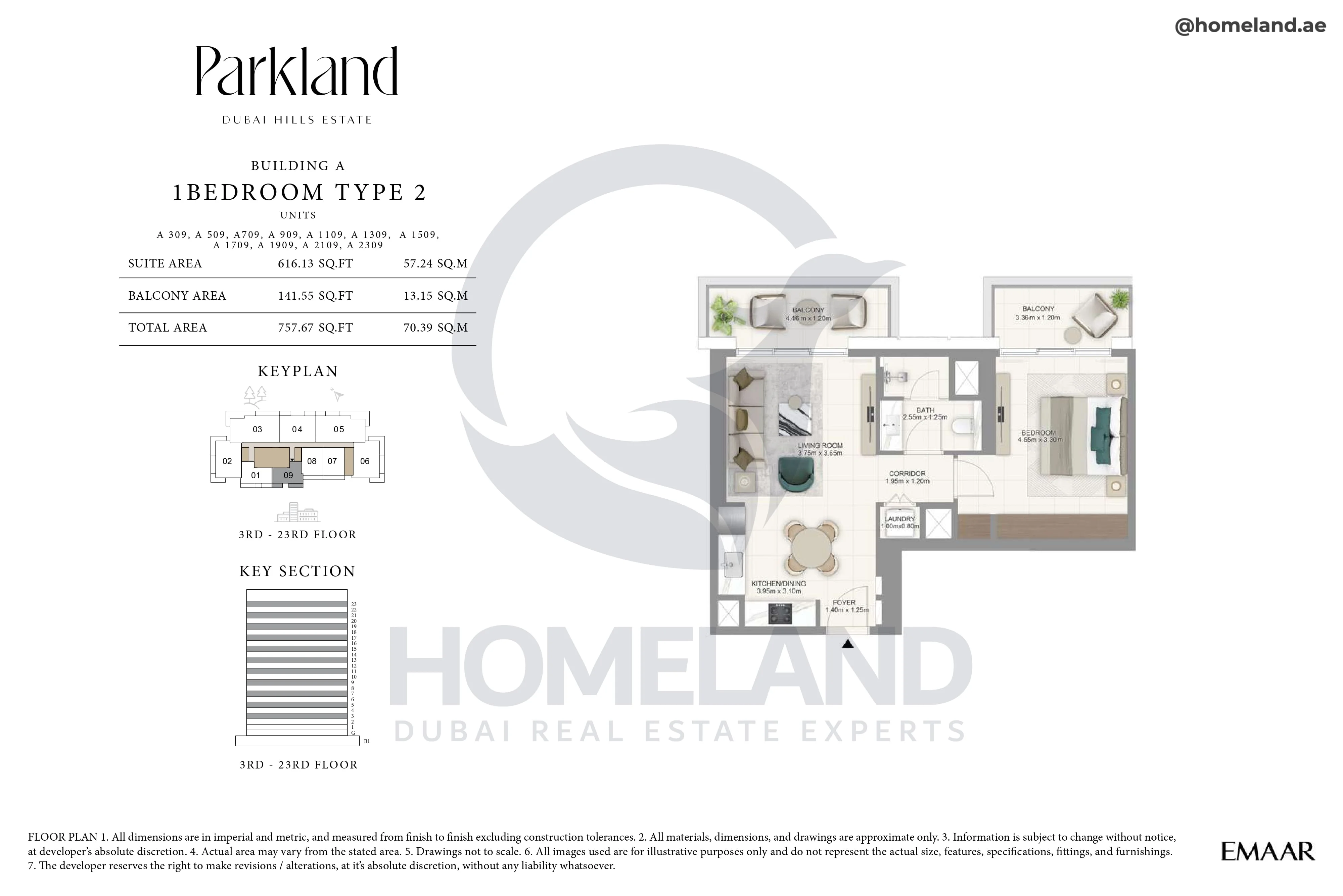 Parkland, Building A, 1BR, Type 2, Unit 309-509-709-909-1109-1309-1509-1709-1909-2109-2309, Level 3-23, 757 SQFT