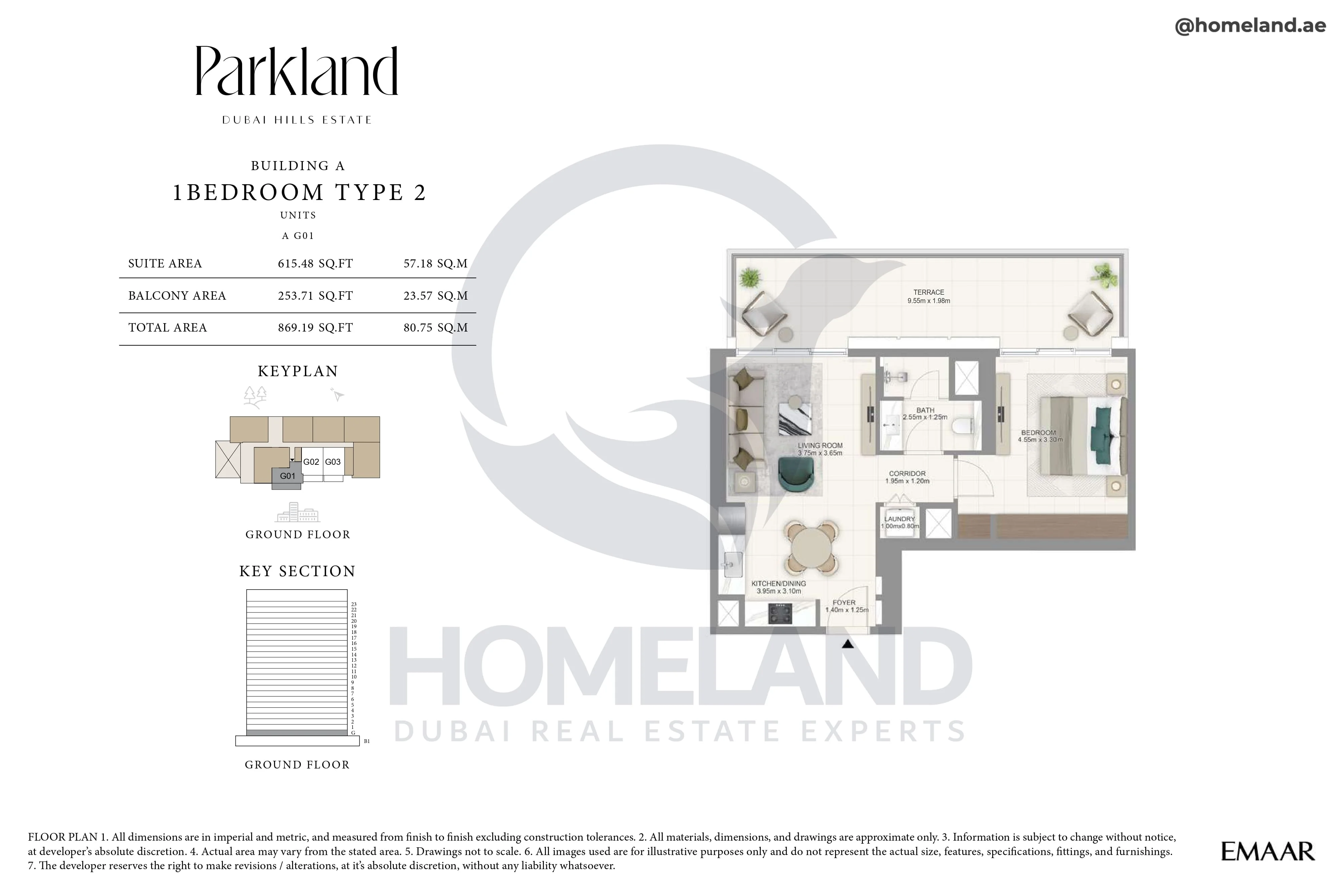 Parkland, Building A, 1BR, Type 2, Unit G01, Level GF, 869 SQFT