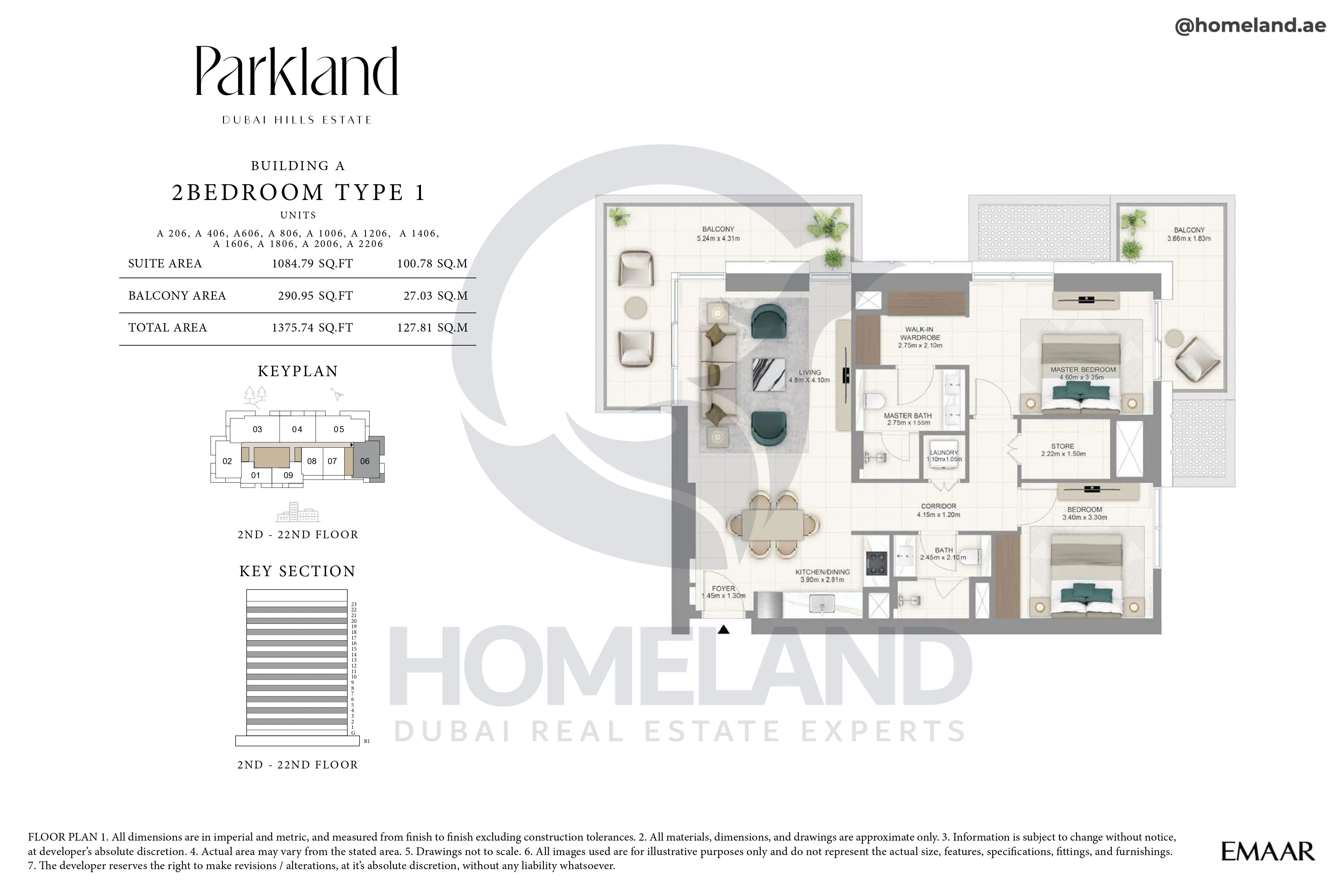 Parkland, Building A, 2BR, Type 1, Unit 206-406-606-806-1006-1206-1406-1606-1806-2006-2206, Level 2-22, 1375 SQFT